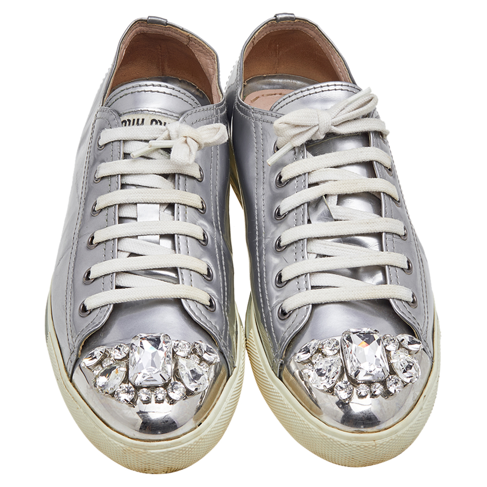 Miu Miu Silver Patent Leather Crystal Embellished Low Top Sneakers Size 40