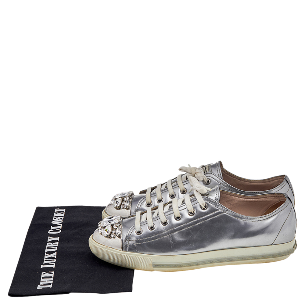 Miu Miu Silver Patent Leather Crystal Embellished Low Top Sneakers Size 40