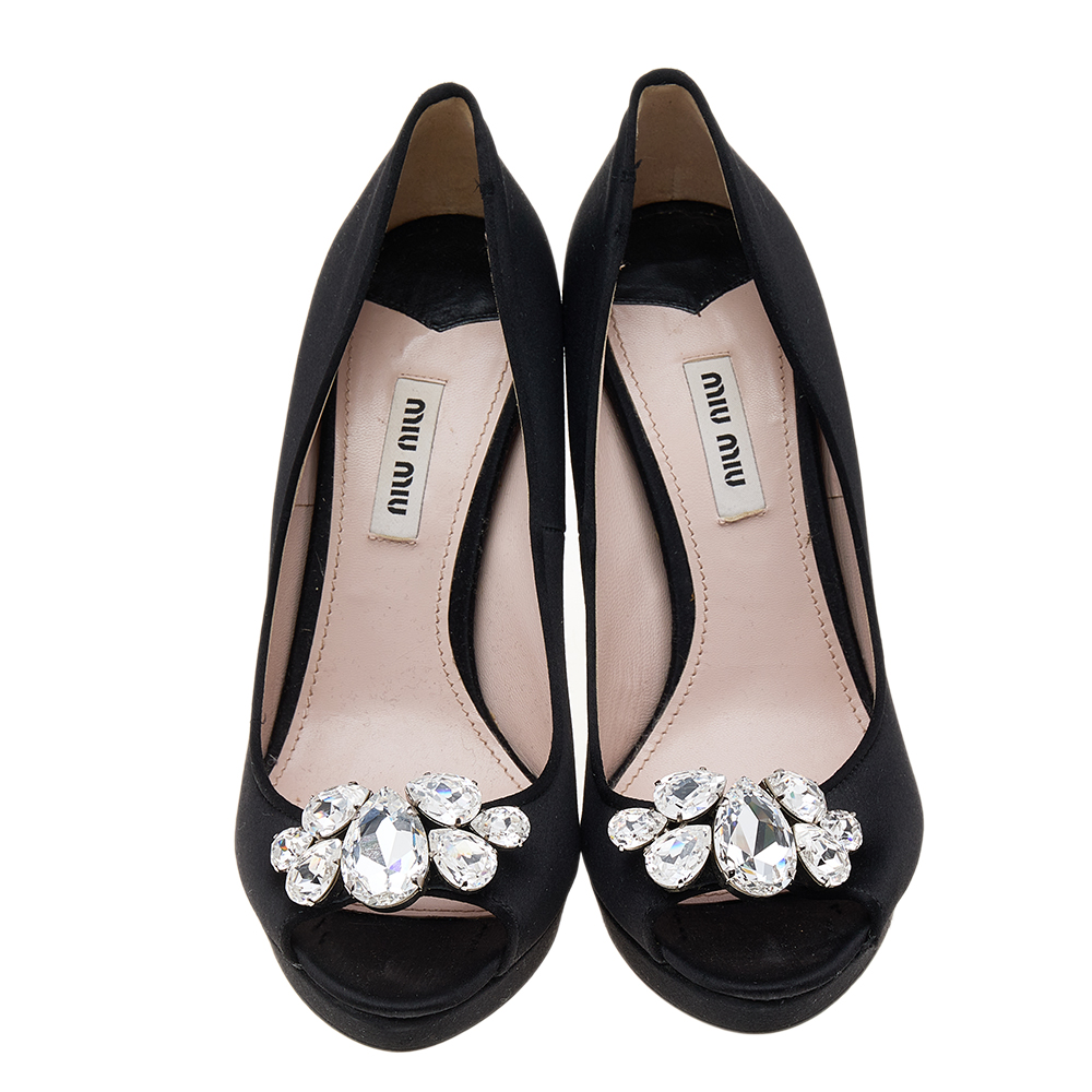 Miu Miu Black Satin Crystal Embellished Peep Toe Pumps Size 37.5