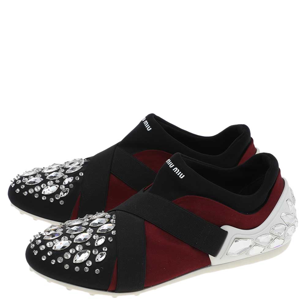 Miu Miu Black/Burgundy Satin Crystal Embellished Slip On Sneakers Size 35.5