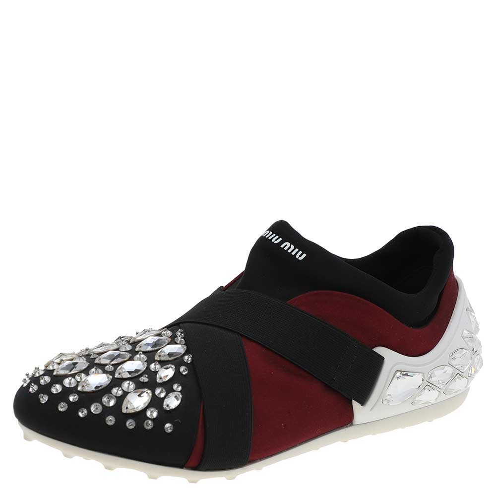 Miu miu black/burgundy satin crystal embellished slip on sneakers size 35.5