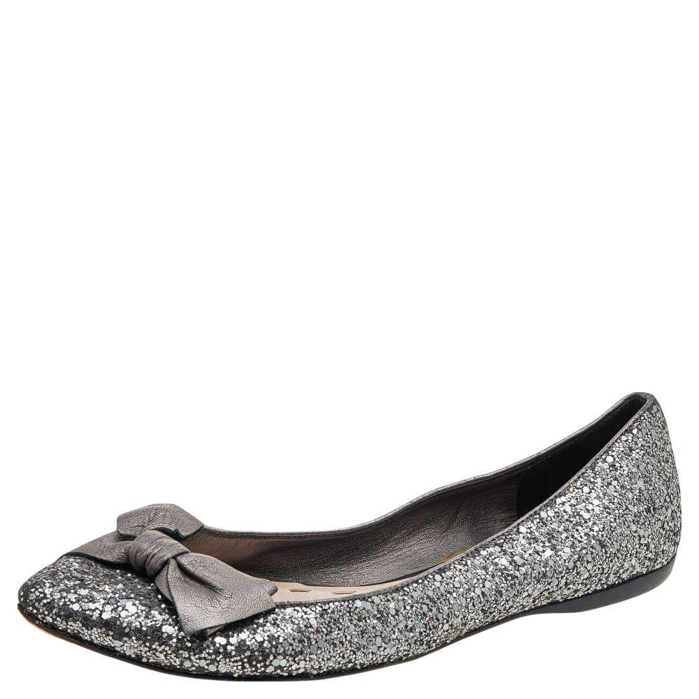 Miu Miu Silver Glitters And Leather Ballet Flats Size 38