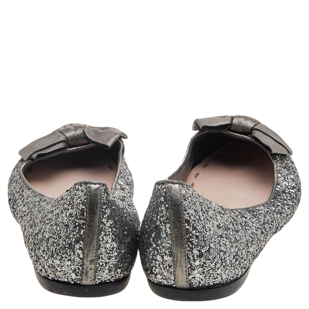 Miu Miu Silver Glitters And Leather Ballet Flats Size 38