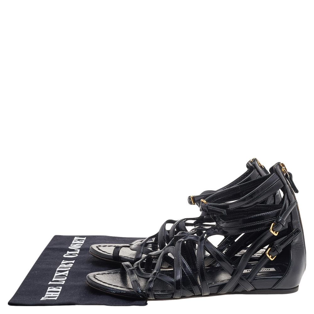 Miu Miu Black Patent Leather Gladiator Flats Size 38