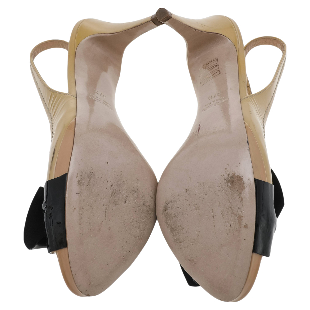Miu Miu Beige/Black Patent Leather Bow Slingback Peep Toe Sandals Size 37.5