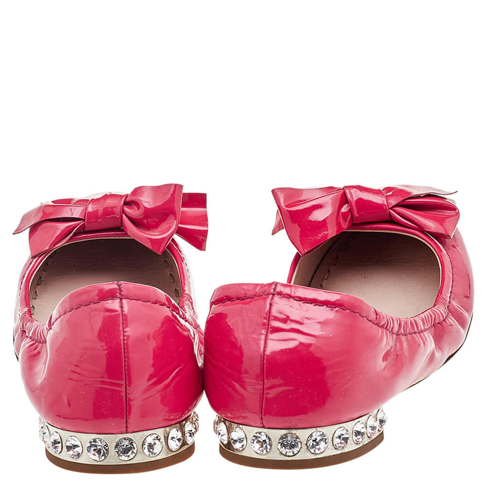 Miu Miu Pink Patent Leather Crystal Embellished Bow Ballet Flats Size 38
