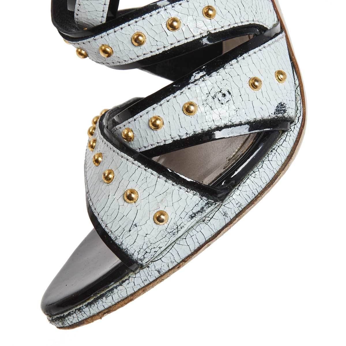 Miu Miu White Studded Crackled Leather Ankle-Strap Sandals Size 39