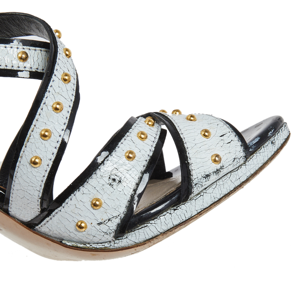 Miu Miu White Studded Crackled Leather Ankle-Strap Sandals Size 39