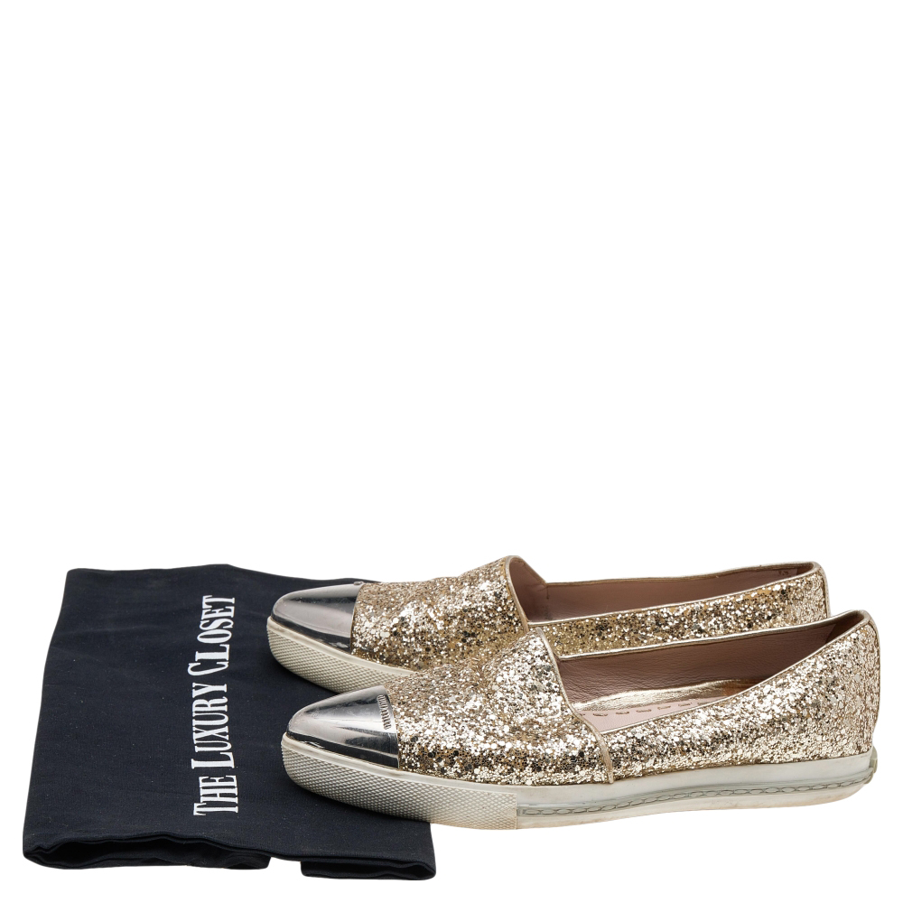 Miu Miu Gold Glitter And Metal Cap Toe Slip On Sneakers Size 35