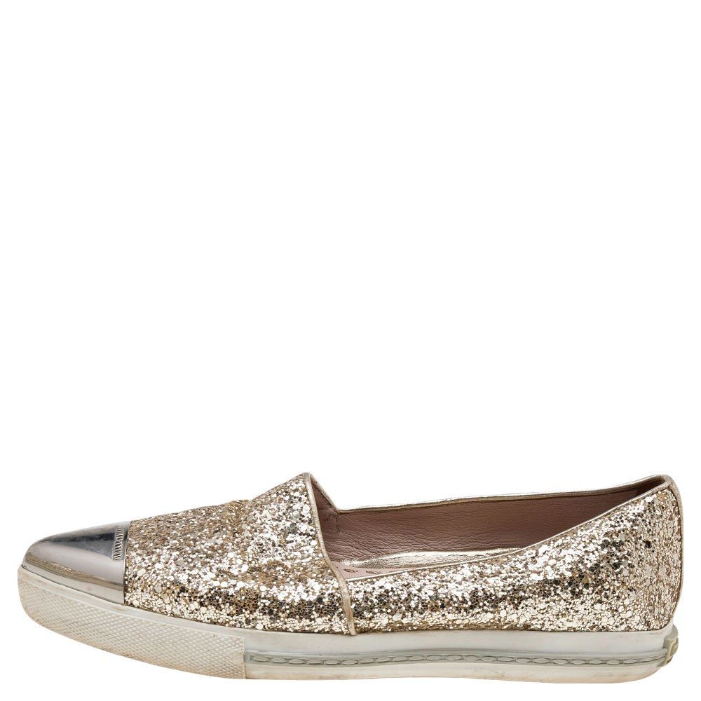 Miu Miu Gold Glitter And Metal Cap Toe Slip On Sneakers Size 35