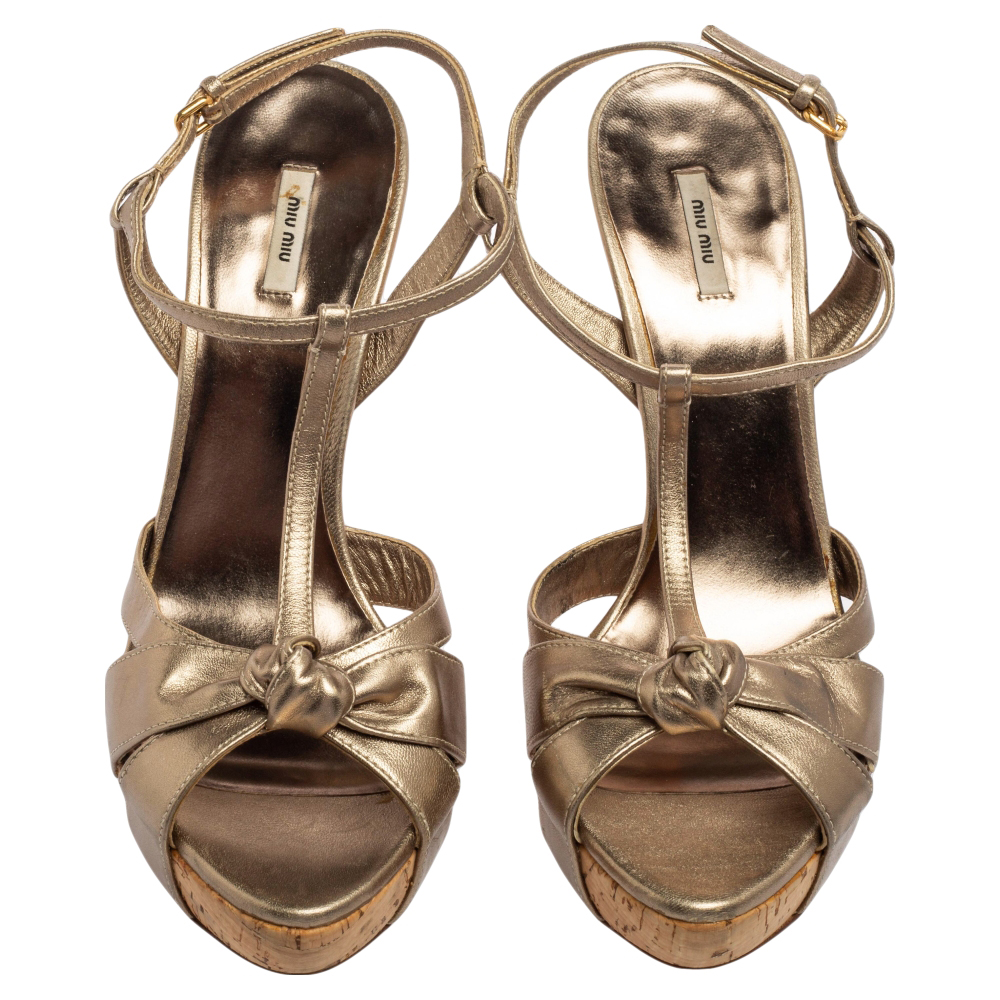 Miu Miu Metallic Bronze Leather Bow Ankle Strap Platform Sandals Size 38.5