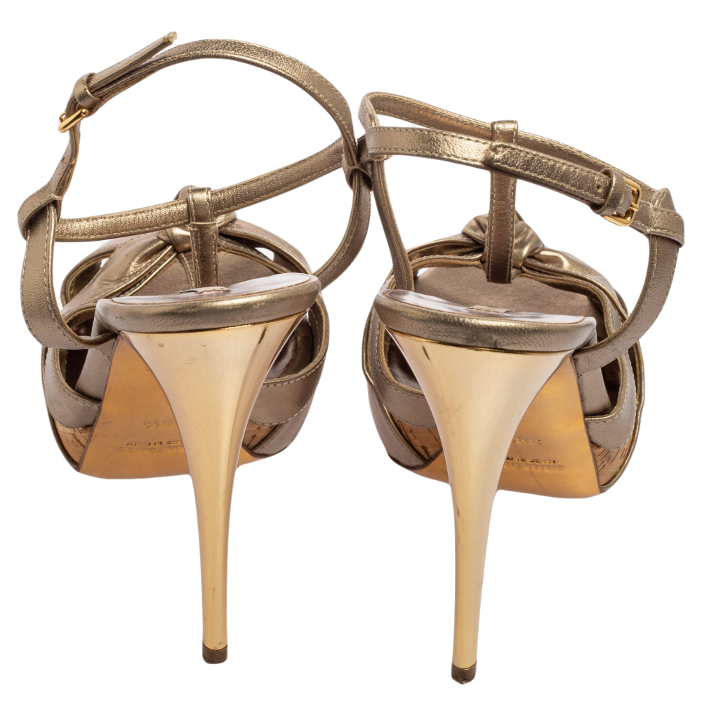 Miu Miu Metallic Bronze Leather Bow Ankle Strap Platform Sandals Size 38.5