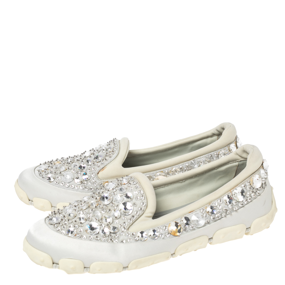 Miu Miu Grey Satin And Fabric Crystal Embellished Slip On Sneakers Size 38.5