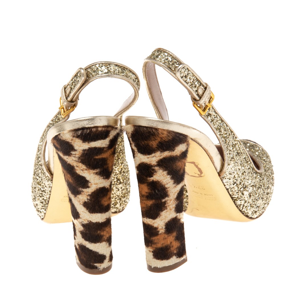 Miu Miu Tri-Color Coarse Glitter And Leopard Print Calf Hair Cap-Toe Slingback Pumps Size 37.5
