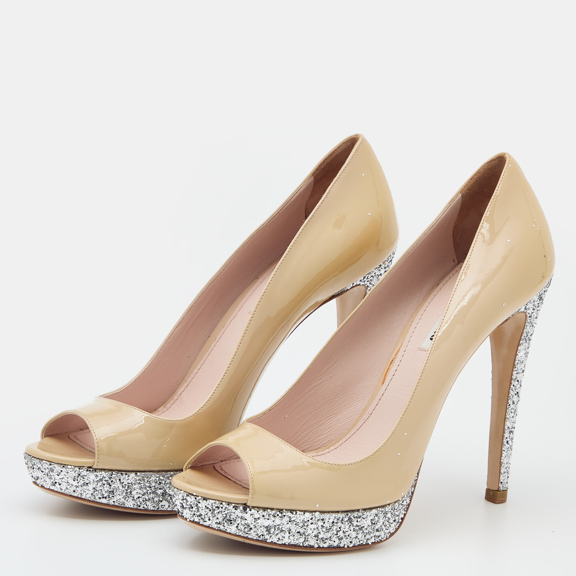 Miu Miu Beige/Silver Patent Leather And Glitter Peep Toe Platform Pumps Size 40