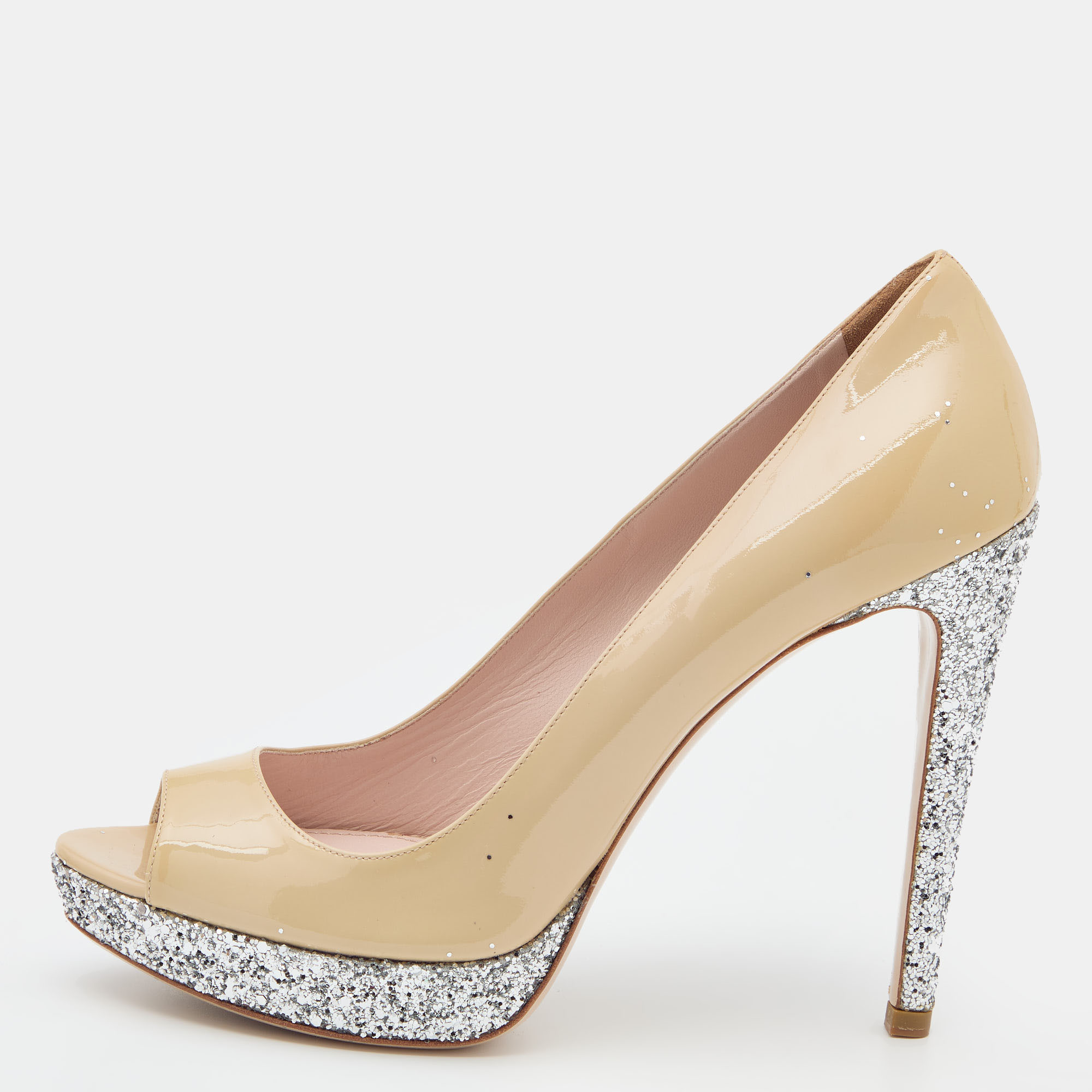 Miu miu beige/silver patent leather and glitter peep toe platform pumps size 40