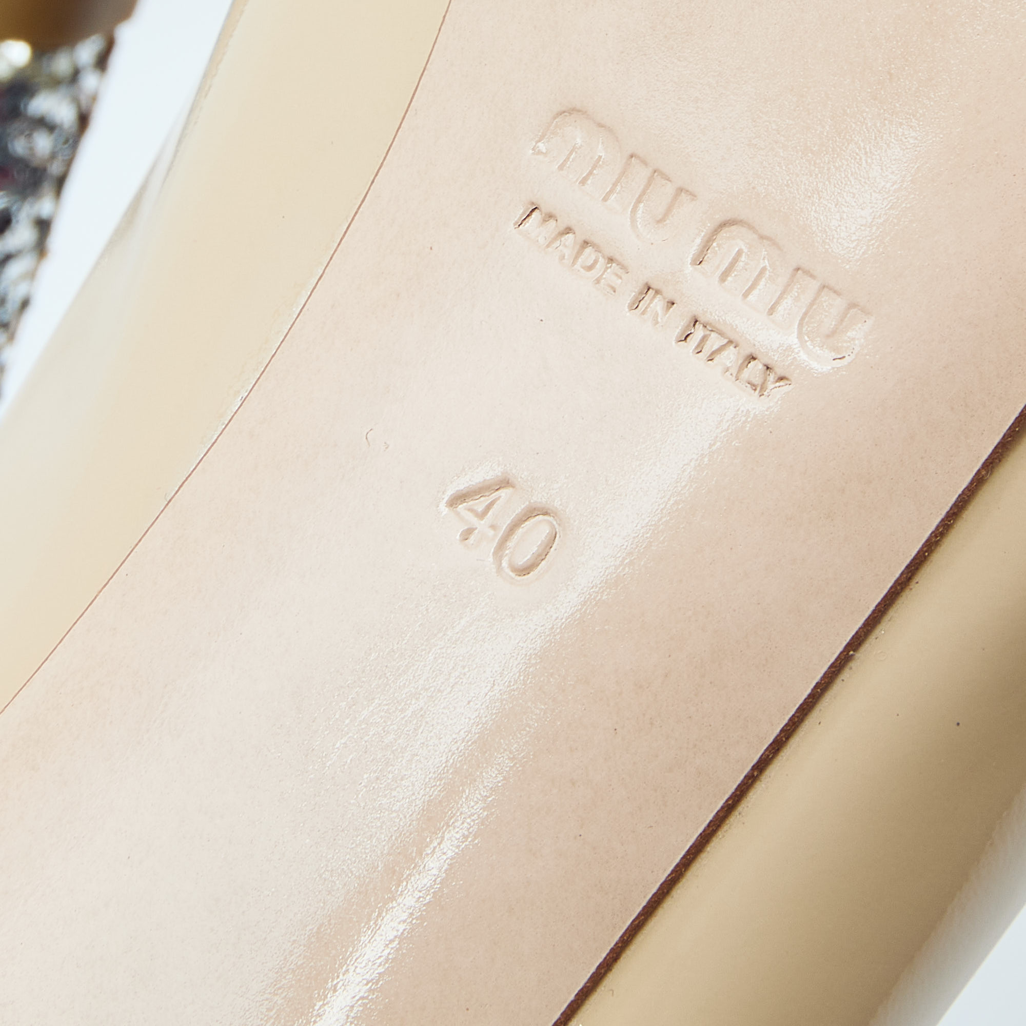 Miu Miu Beige/Silver Patent Leather And Glitter Peep Toe Platform Pumps Size 40
