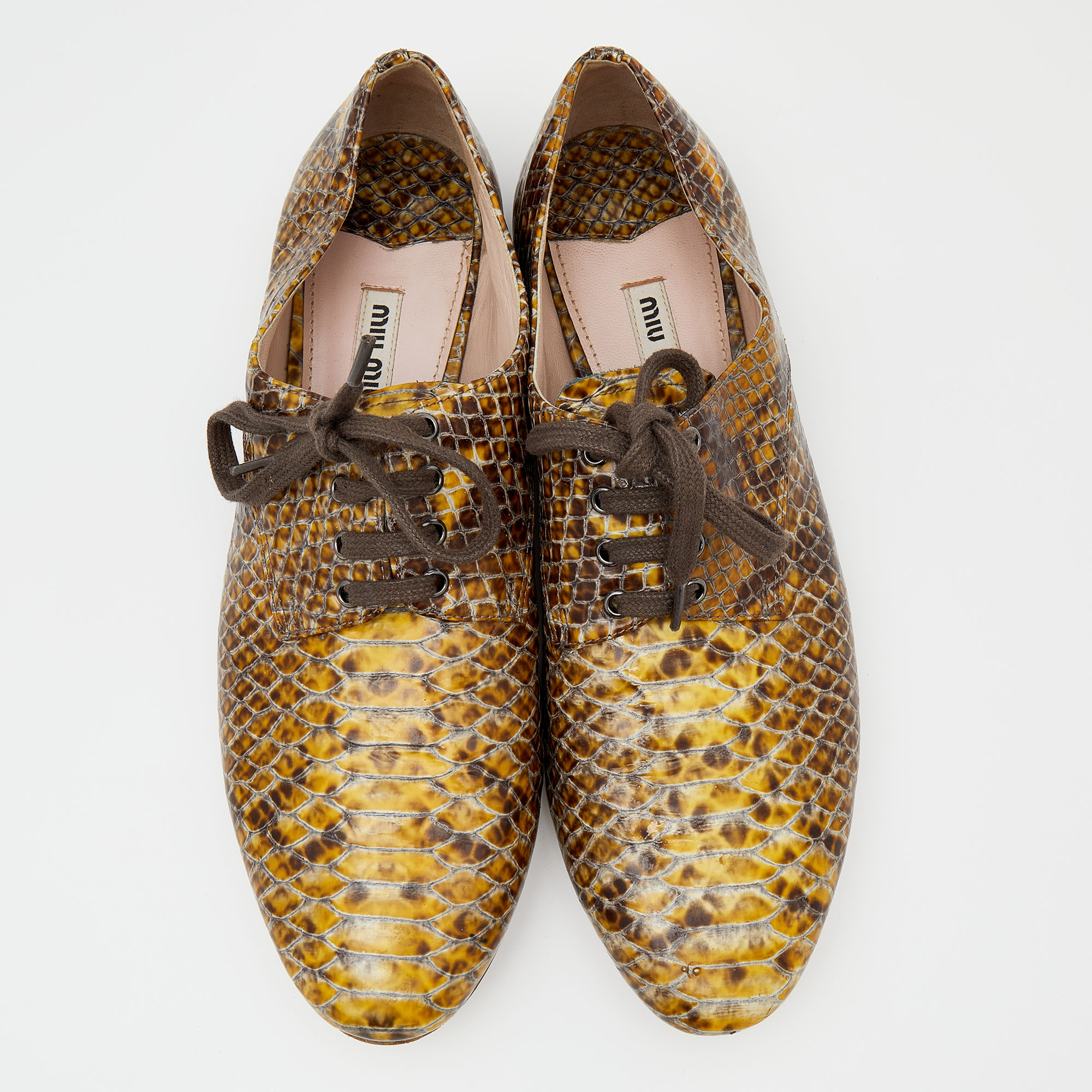 Miu Miu Yellow/Brown Snakeskin Embossed Patent Leather Derby Size 39
