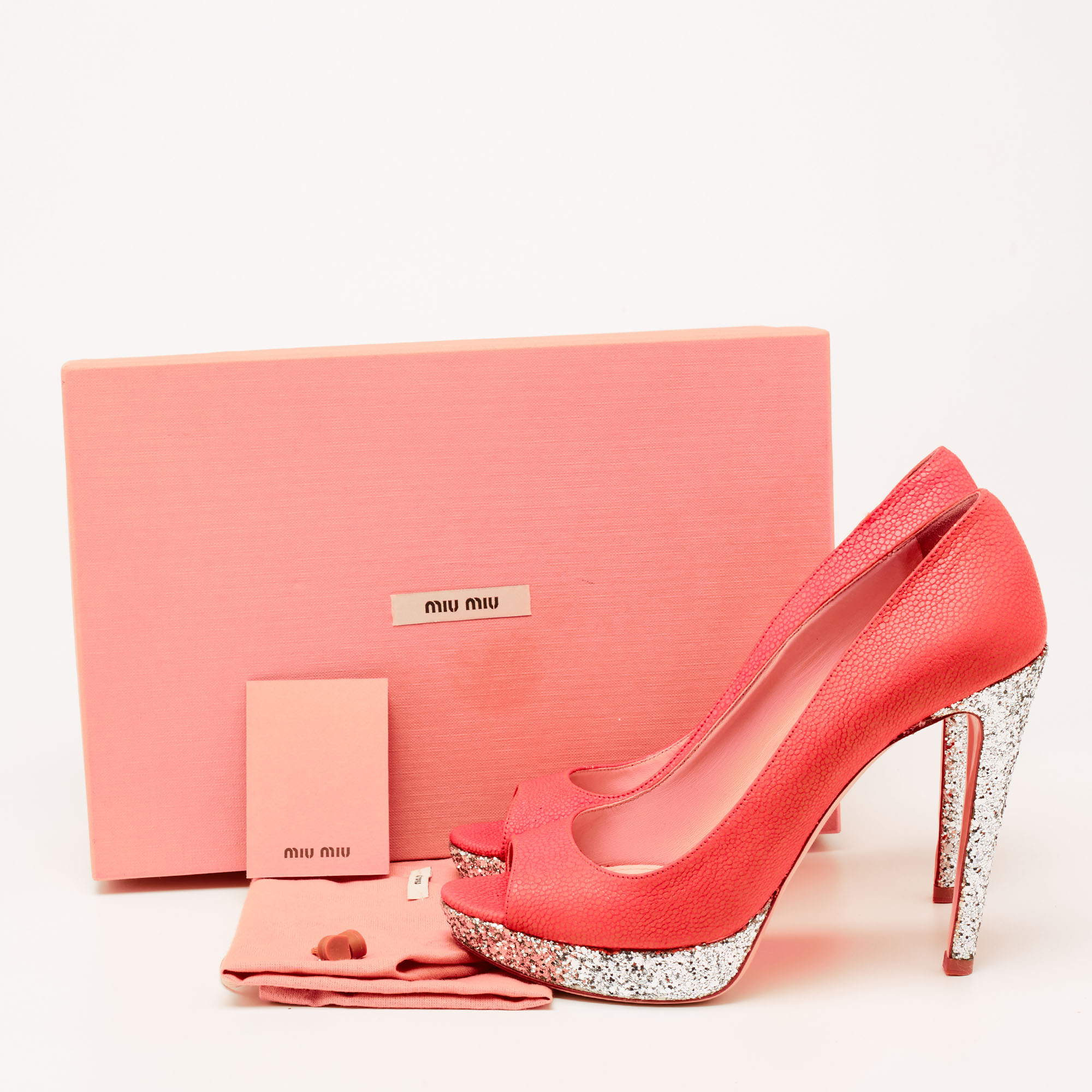 Miu Miu Neon Pink Leather And Glitter Peep Toe Platform Pumps Size 38.5