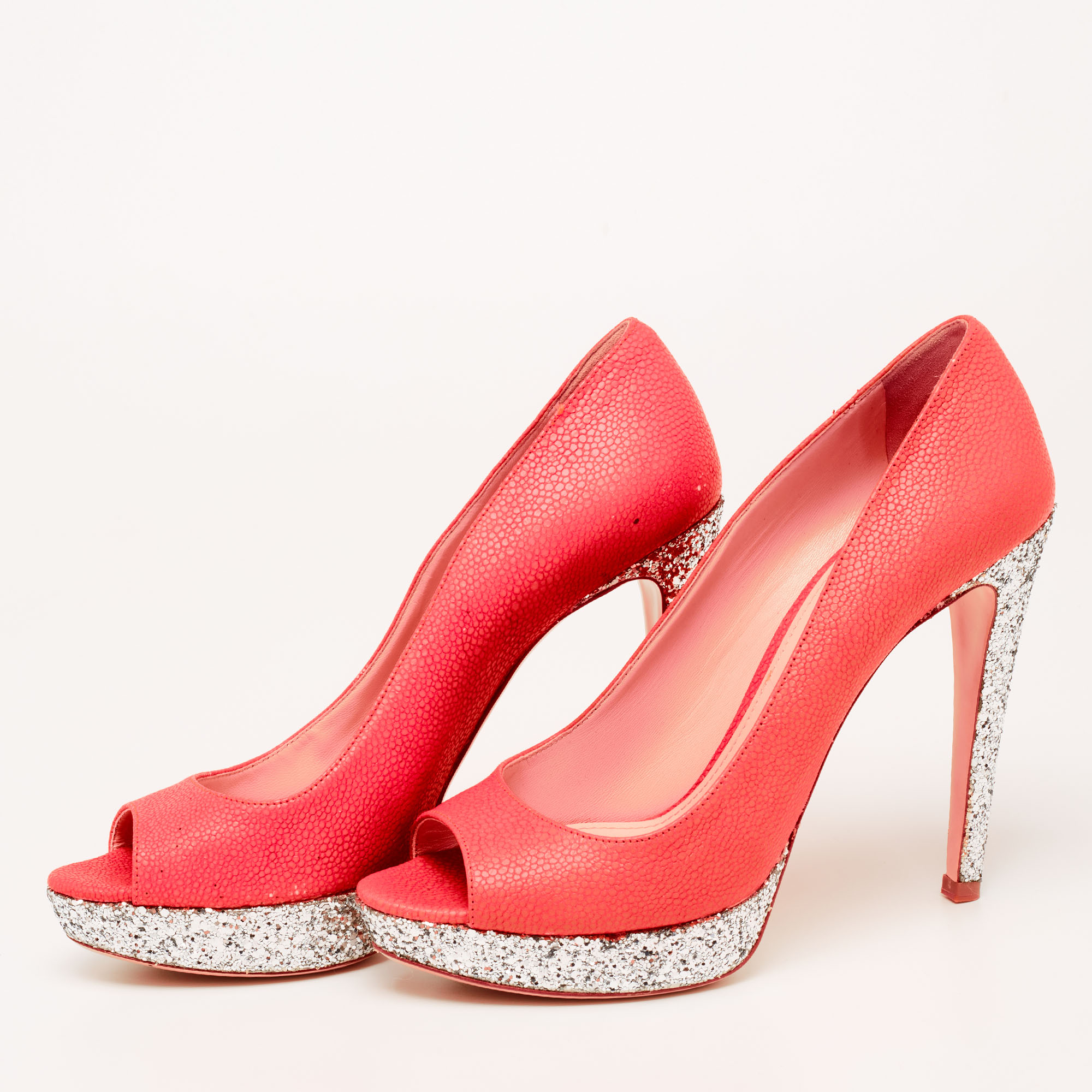 Miu Miu Neon Pink Leather And Glitter Peep Toe Platform Pumps Size 38.5