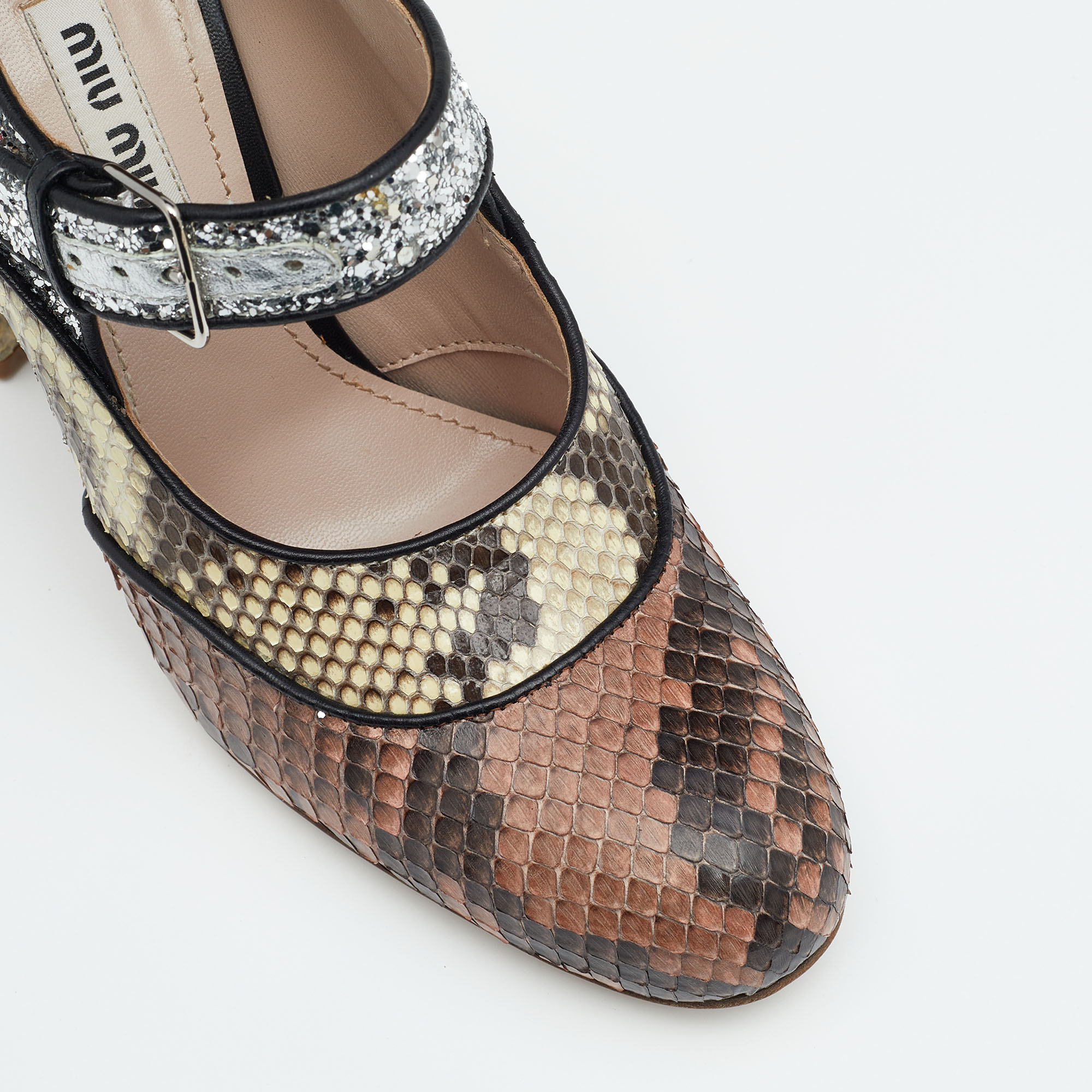 Miu Miu Multicolor Glitter And Python Mary Jane Block Heel Pumps Size 35