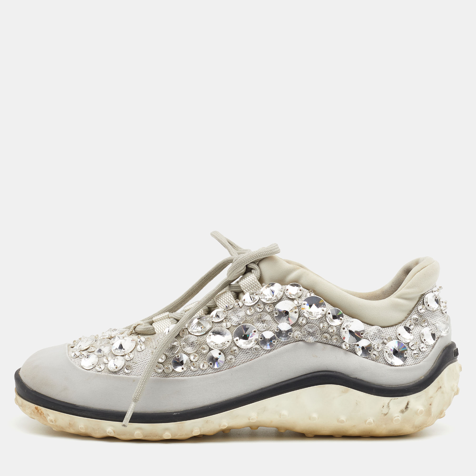Miu miu grey satin and stretch fabric astro crystal embellished low top sneakers size 36