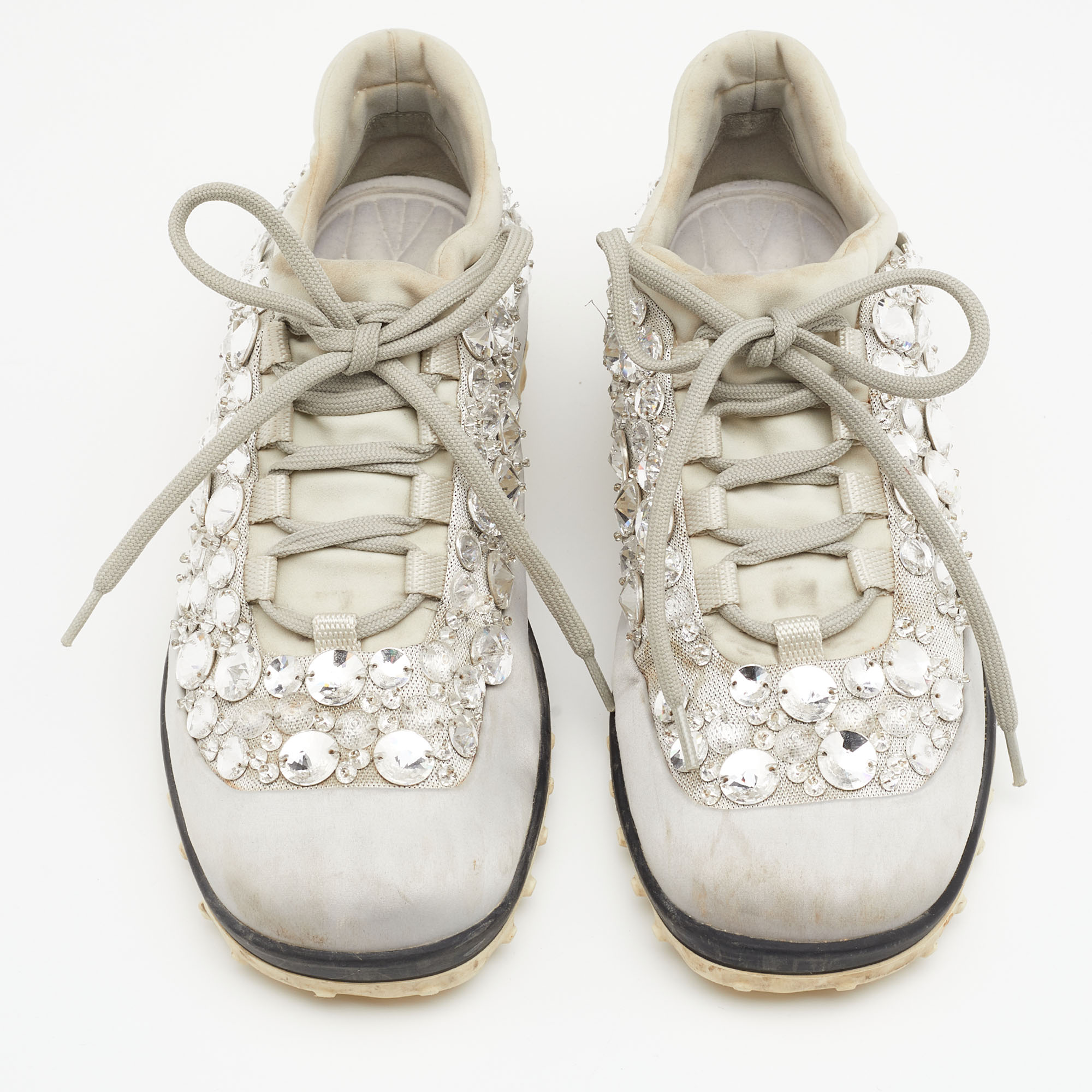 Miu Miu Grey Satin And Stretch Fabric Astro Crystal Embellished Low Top Sneakers Size 36