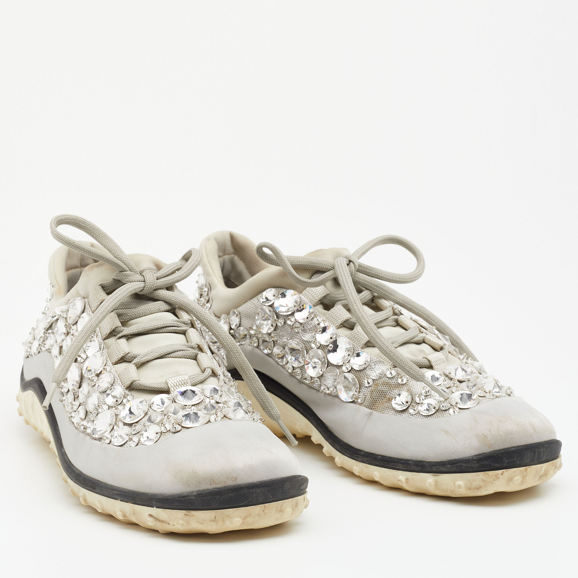 Miu Miu Grey Satin And Stretch Fabric Astro Crystal Embellished Low Top Sneakers Size 36