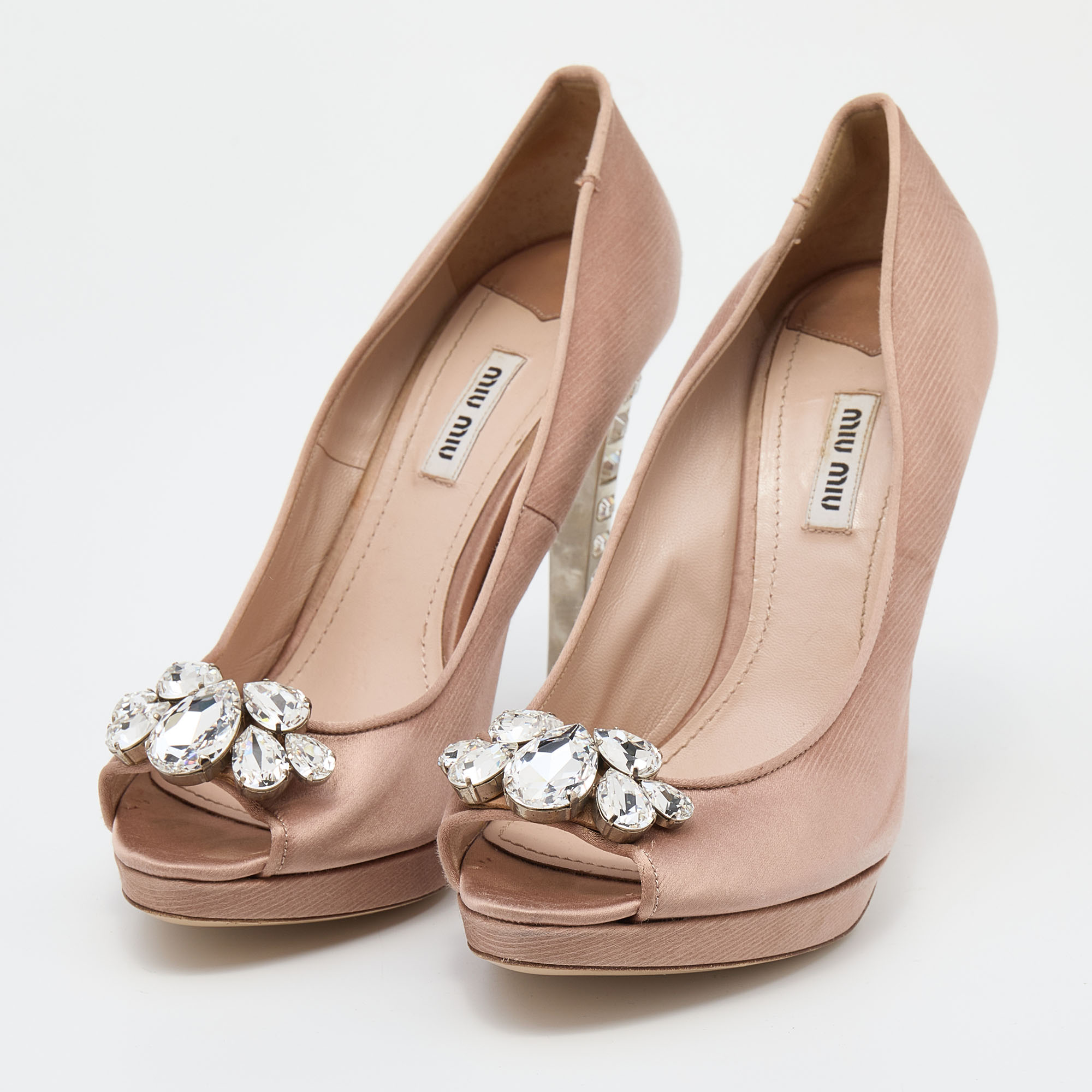 Miu Miu Beige Satin Crystal Embellished Peep Toe Platform Pumps Size 41