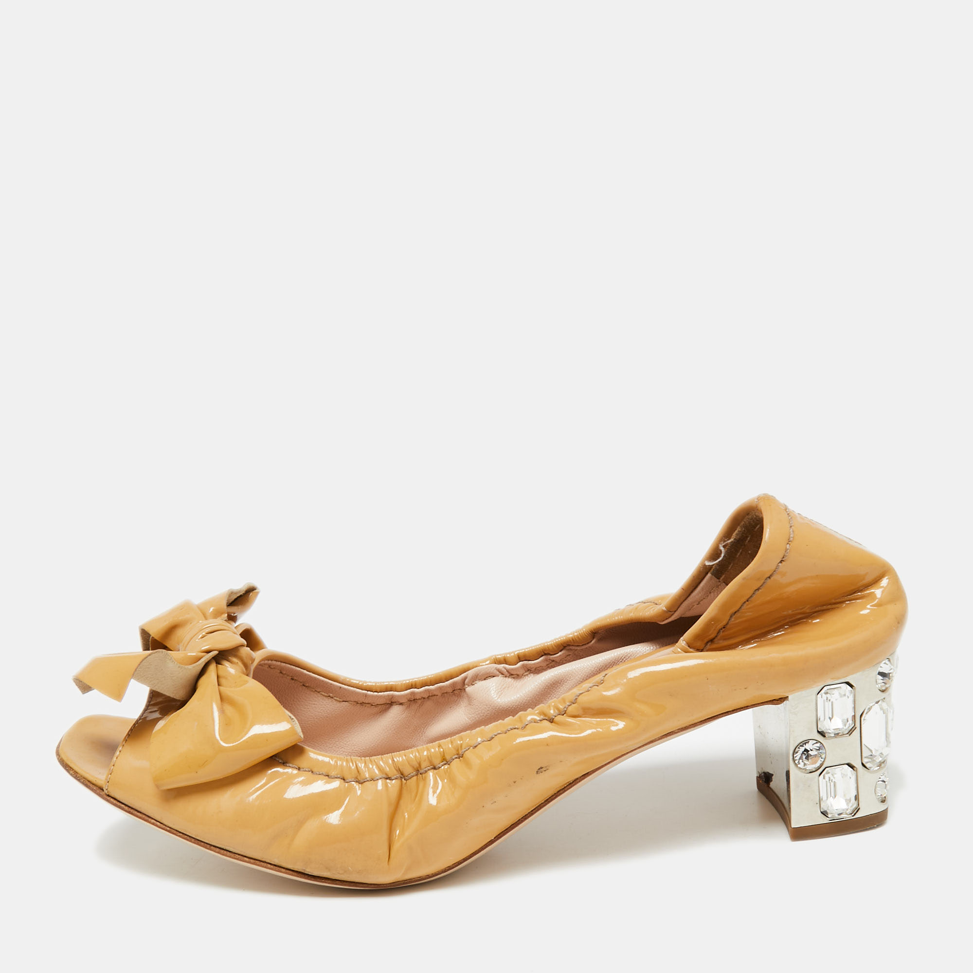 Miu miu beige patent leather bow crystal studded heel peep-toe pumps size 38
