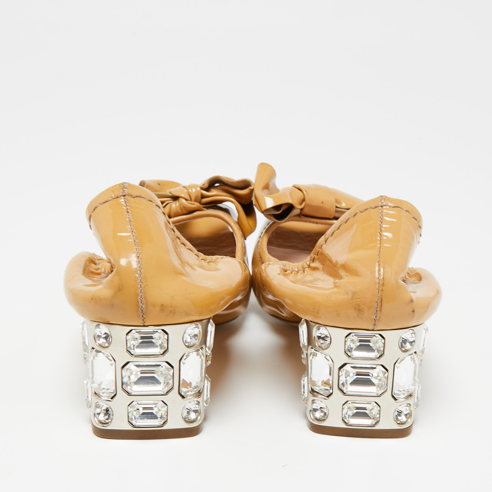Miu Miu Beige Patent Leather Bow Crystal Studded Heel Peep-Toe Pumps Size 38