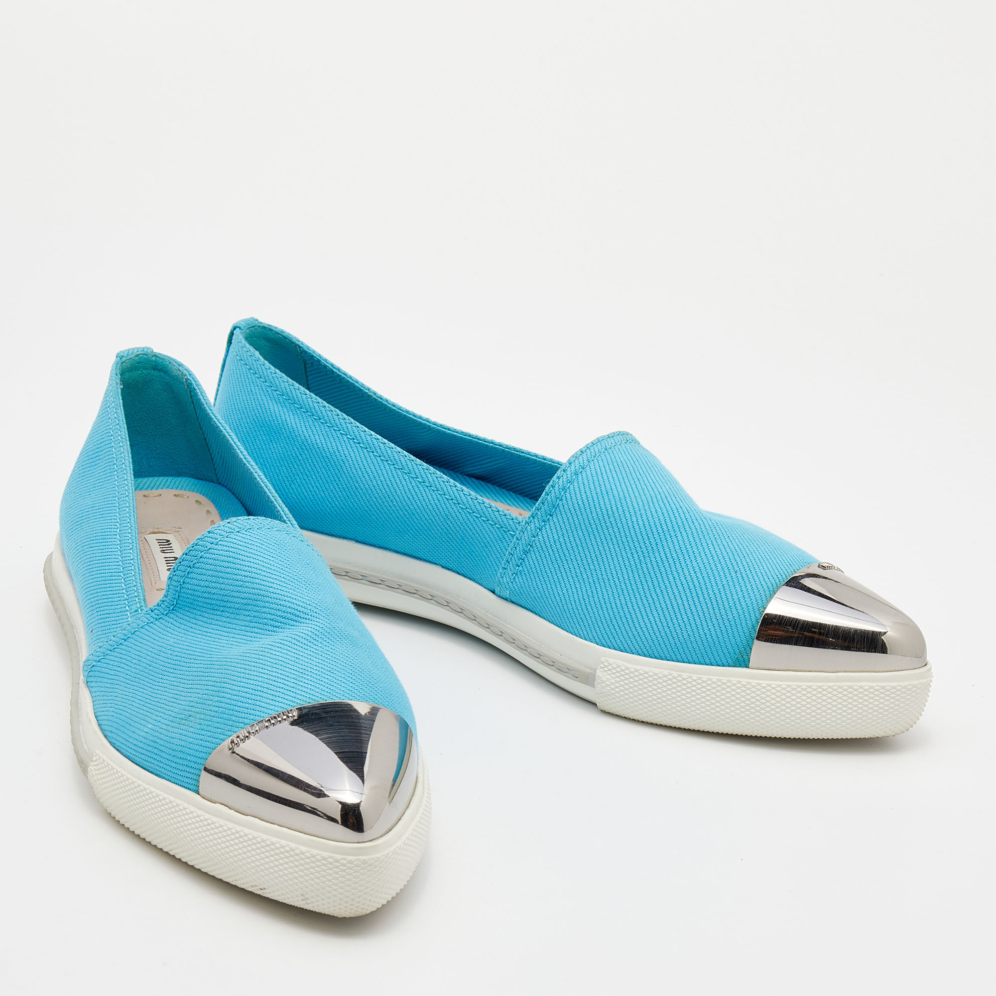 Miu Miu Blue Canvas Metal Cap Toe Slip On Sneakers Size 37.5