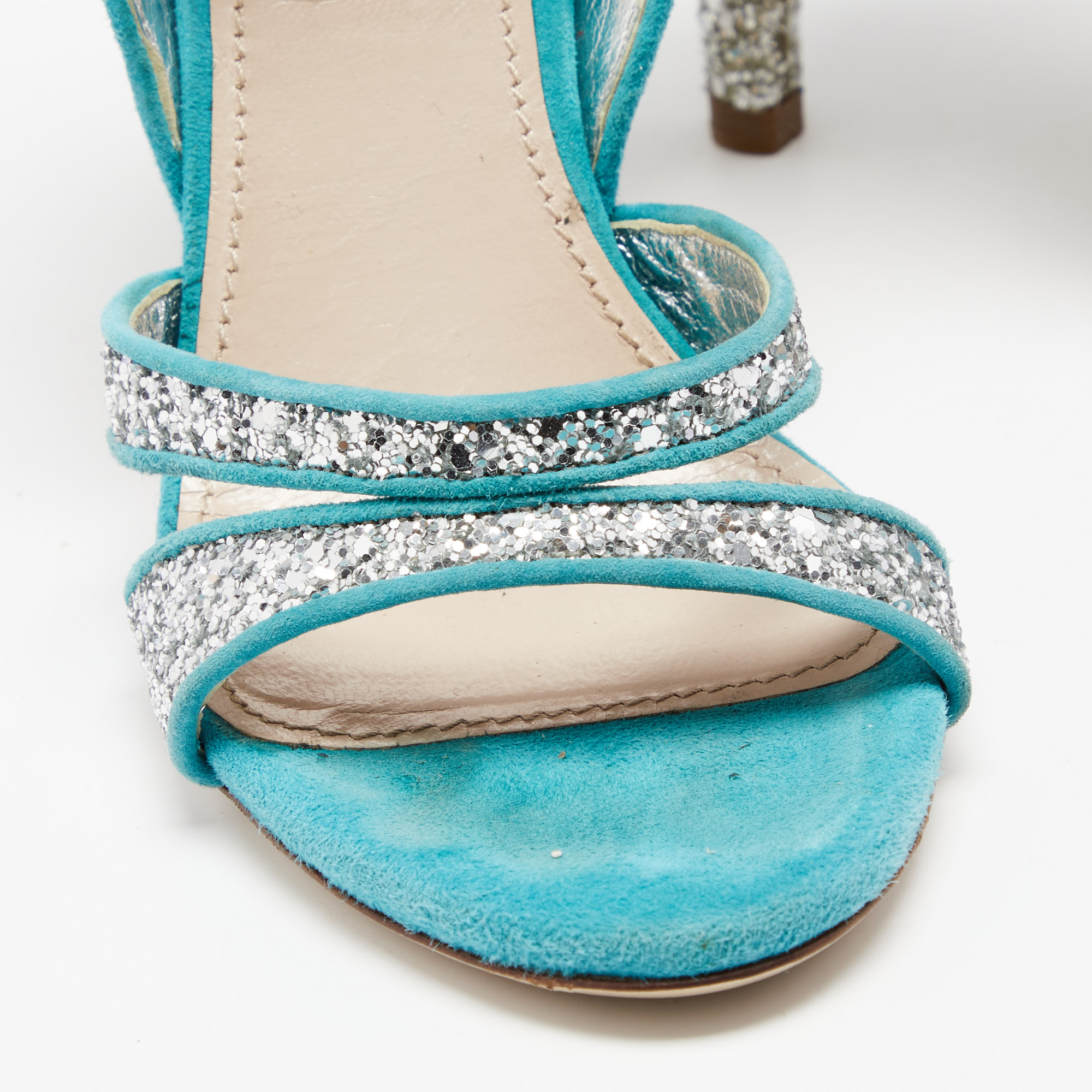Miu Miu Silver/Blue Coarse Glitter And Suede Trims Open Toe Ankle Strap Sandal Size 35
