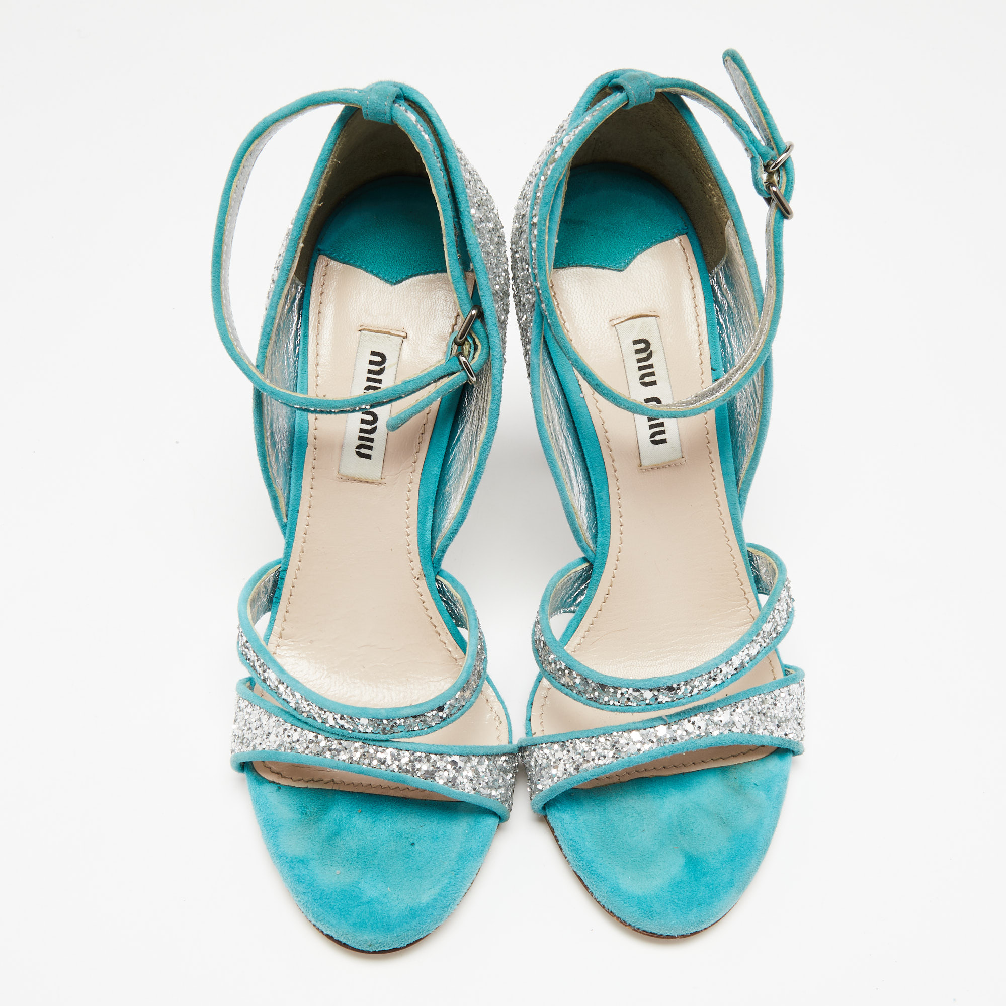 Miu Miu Silver/Blue Coarse Glitter And Suede Trims Open Toe Ankle Strap Sandal Size 35