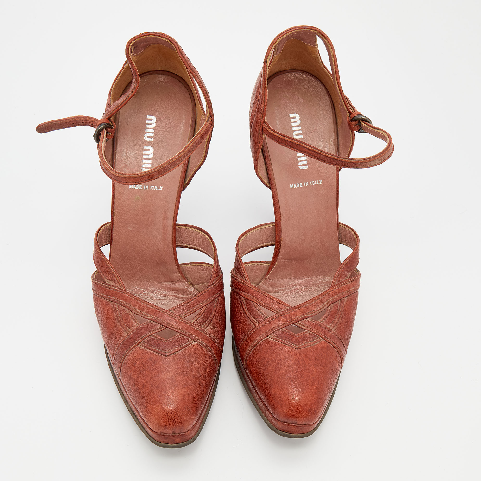 Miu Miu Burnt Orange Leather Ankle Strap Platform Sandals Size 40