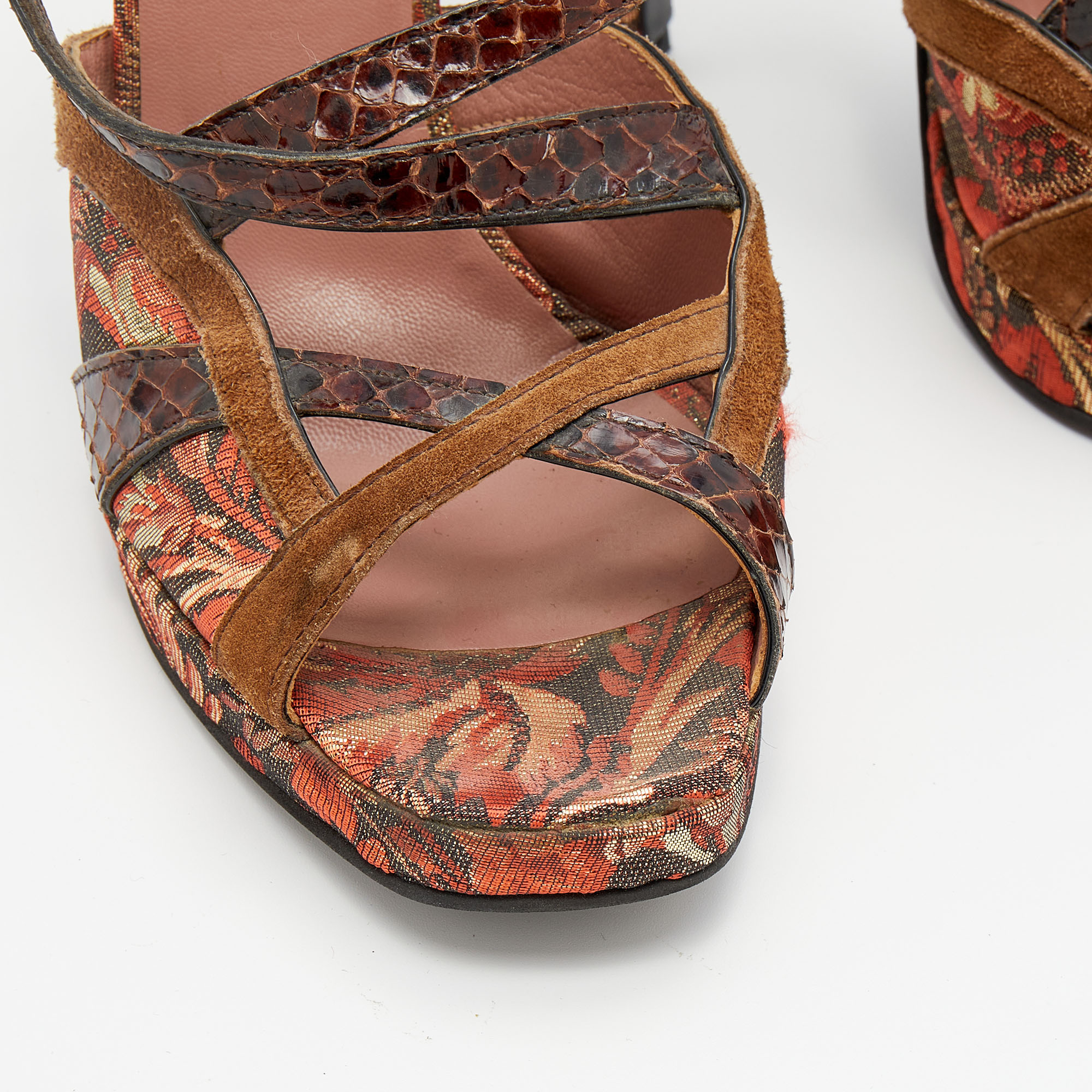 Miu Miu Multicolor Brocade And Python Strappy Slingback Sandals Size 39.5