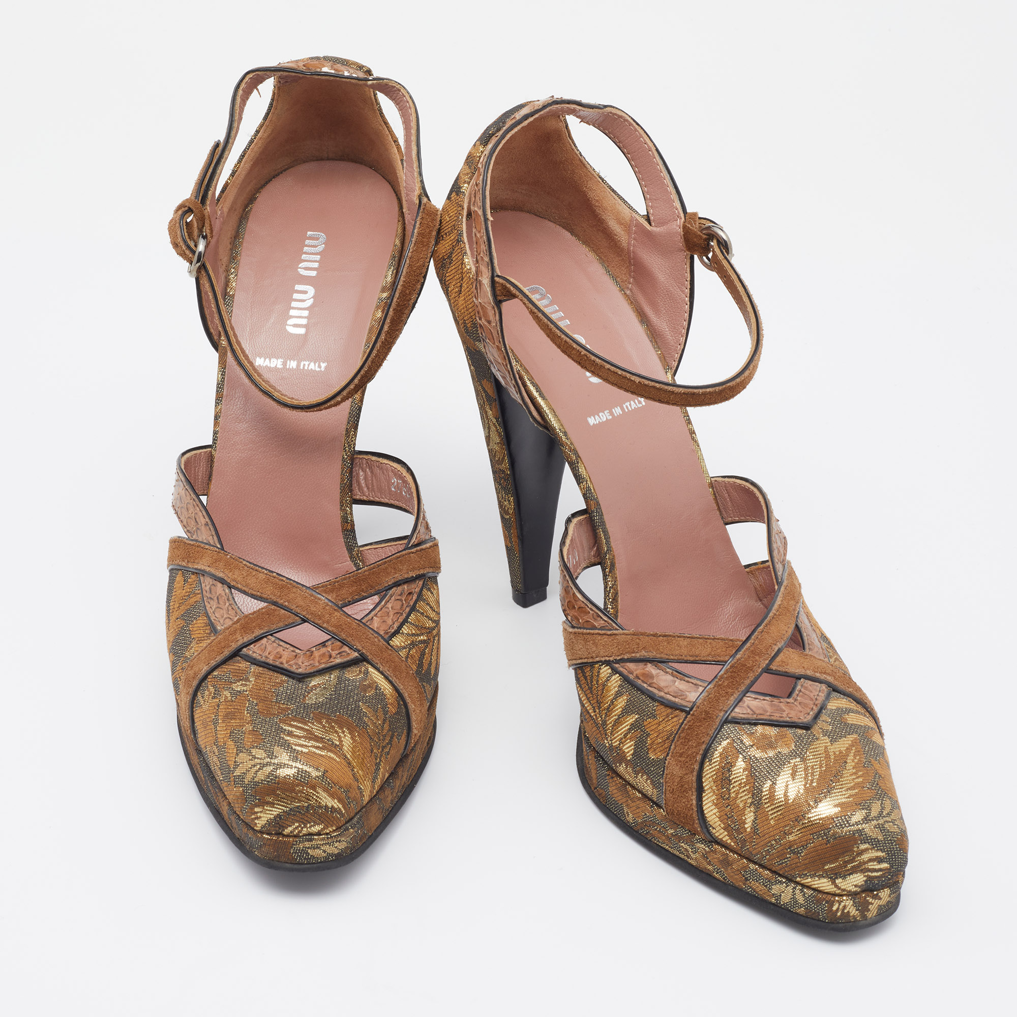 Miu Miu Brown/Gold Brocade Fabric And Python Trim D'orsay Ankle Strap Pumps Size 40