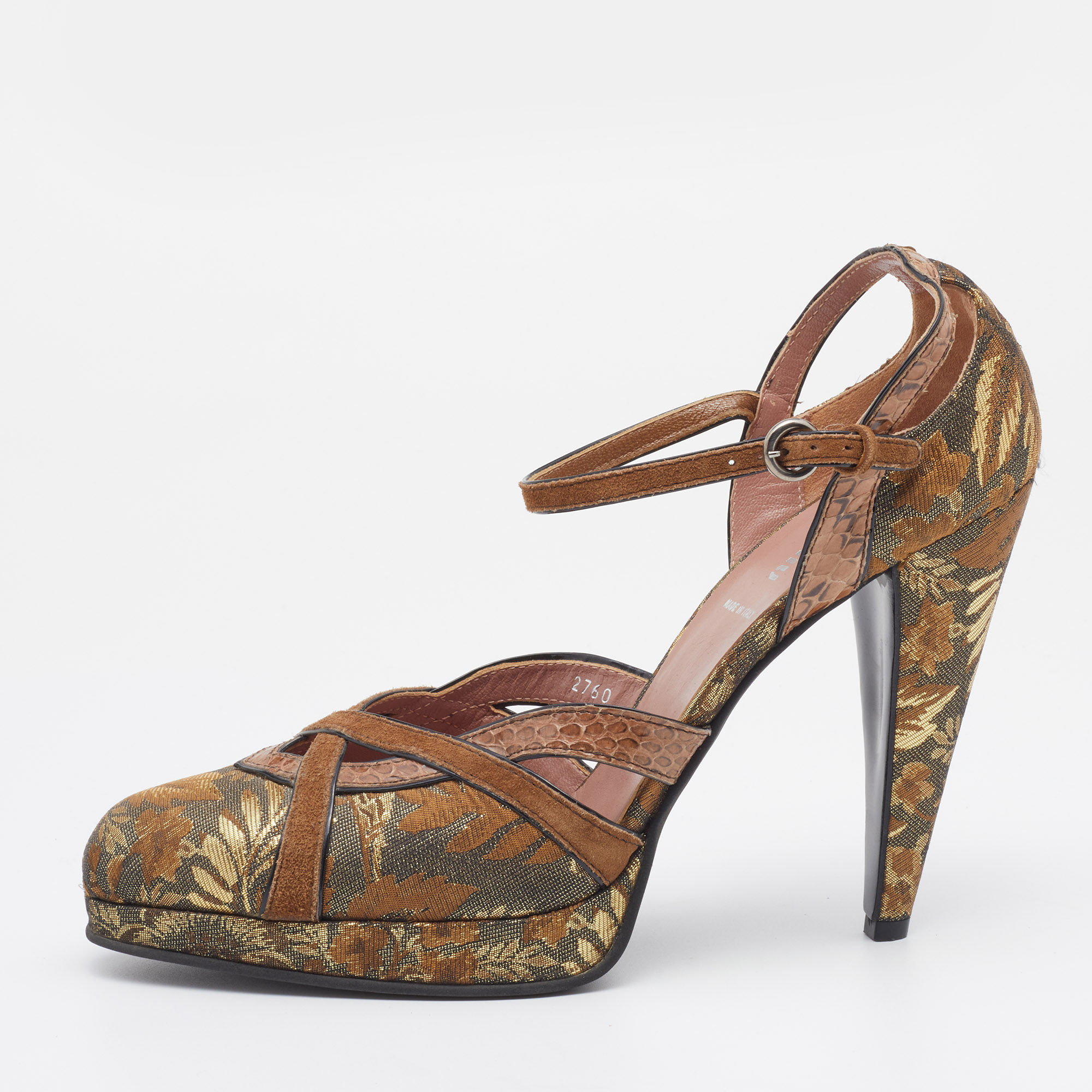 Miu Miu Brown/Gold Brocade Fabric And Python Trim D'orsay Ankle Strap Pumps Size 40