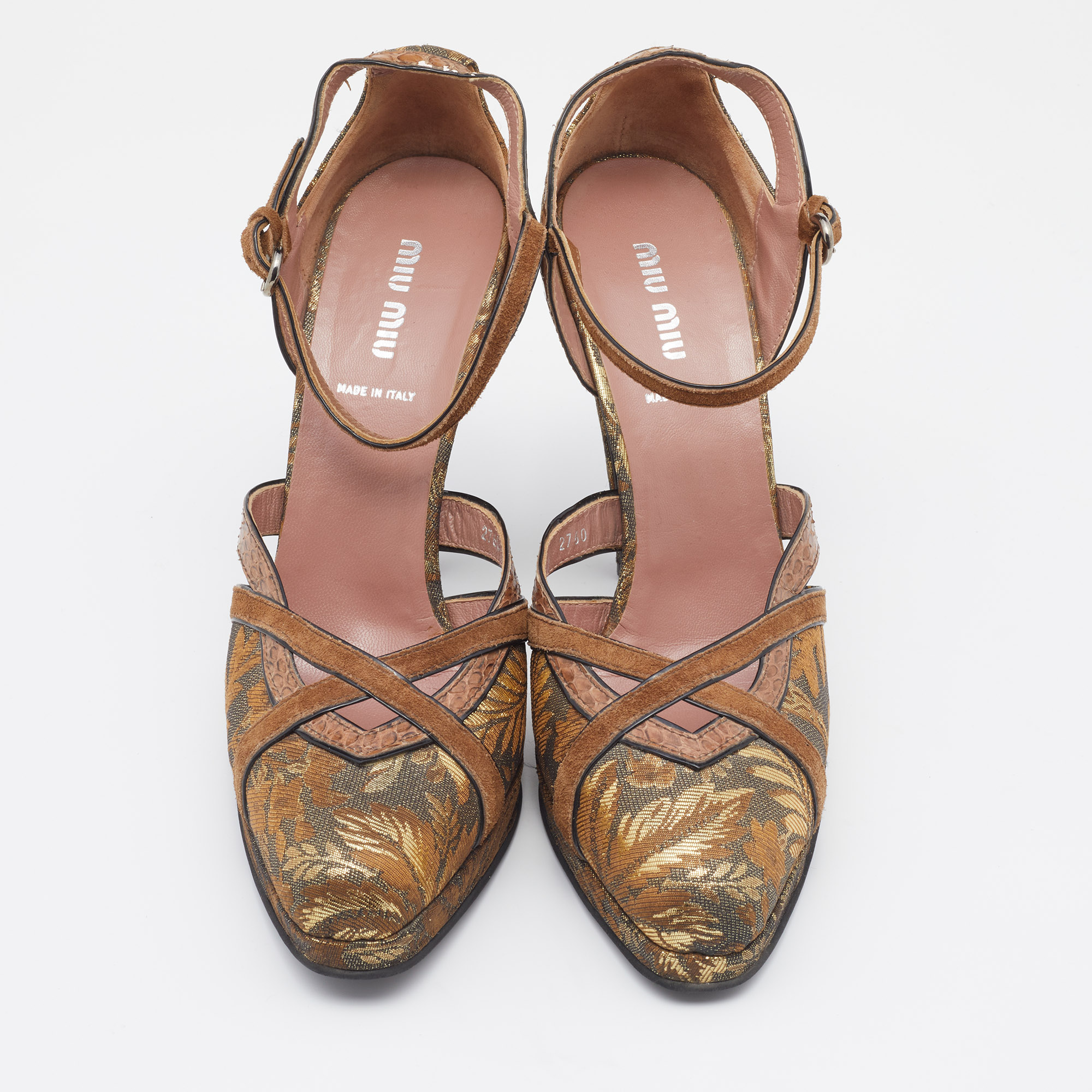 Miu Miu Brown/Gold Brocade Fabric And Python Trim D'orsay Ankle Strap Pumps Size 40