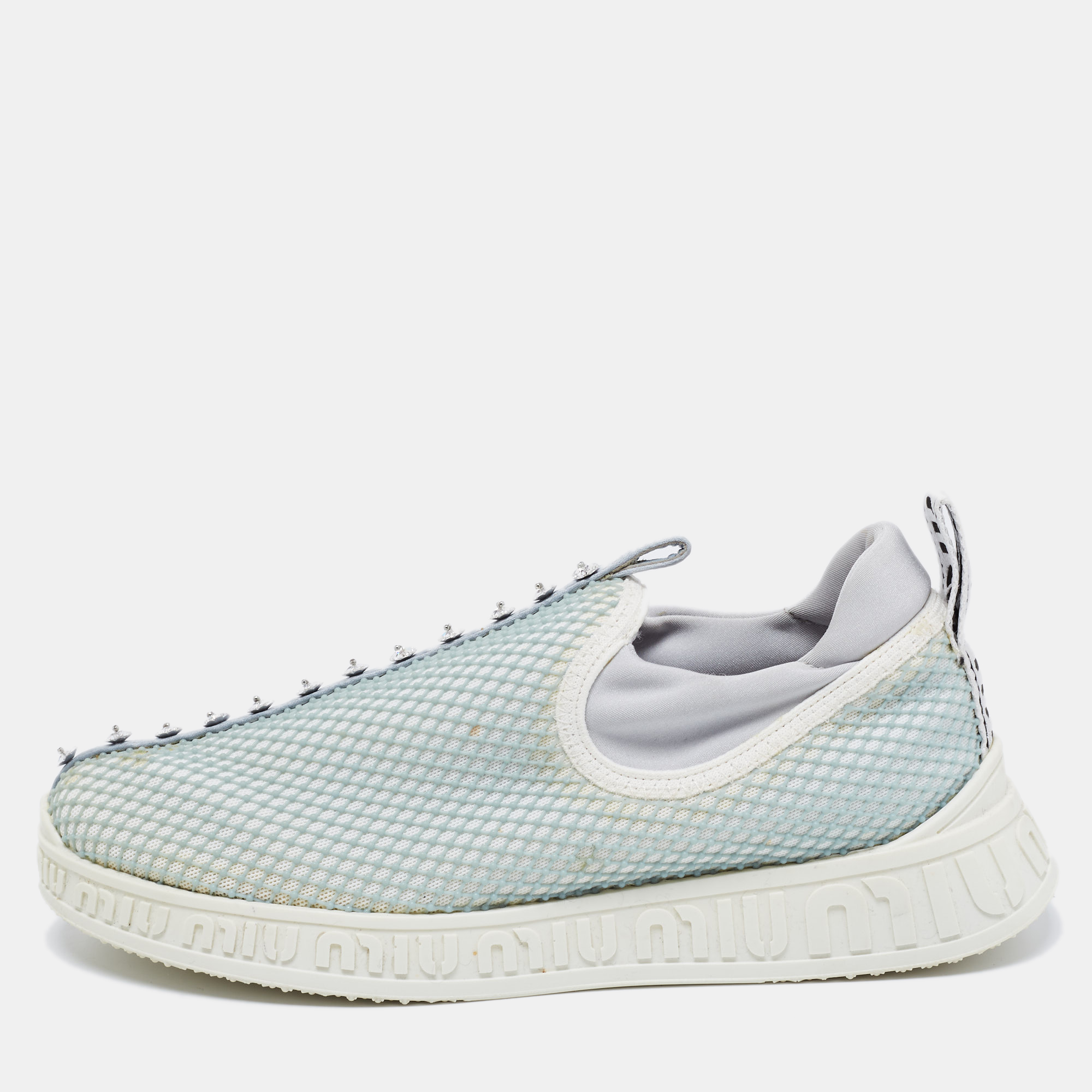 Miu Miu Sea Green/Grey Mesh And Neoprene Crystal Embellished Slip-On Sneakers Size 37