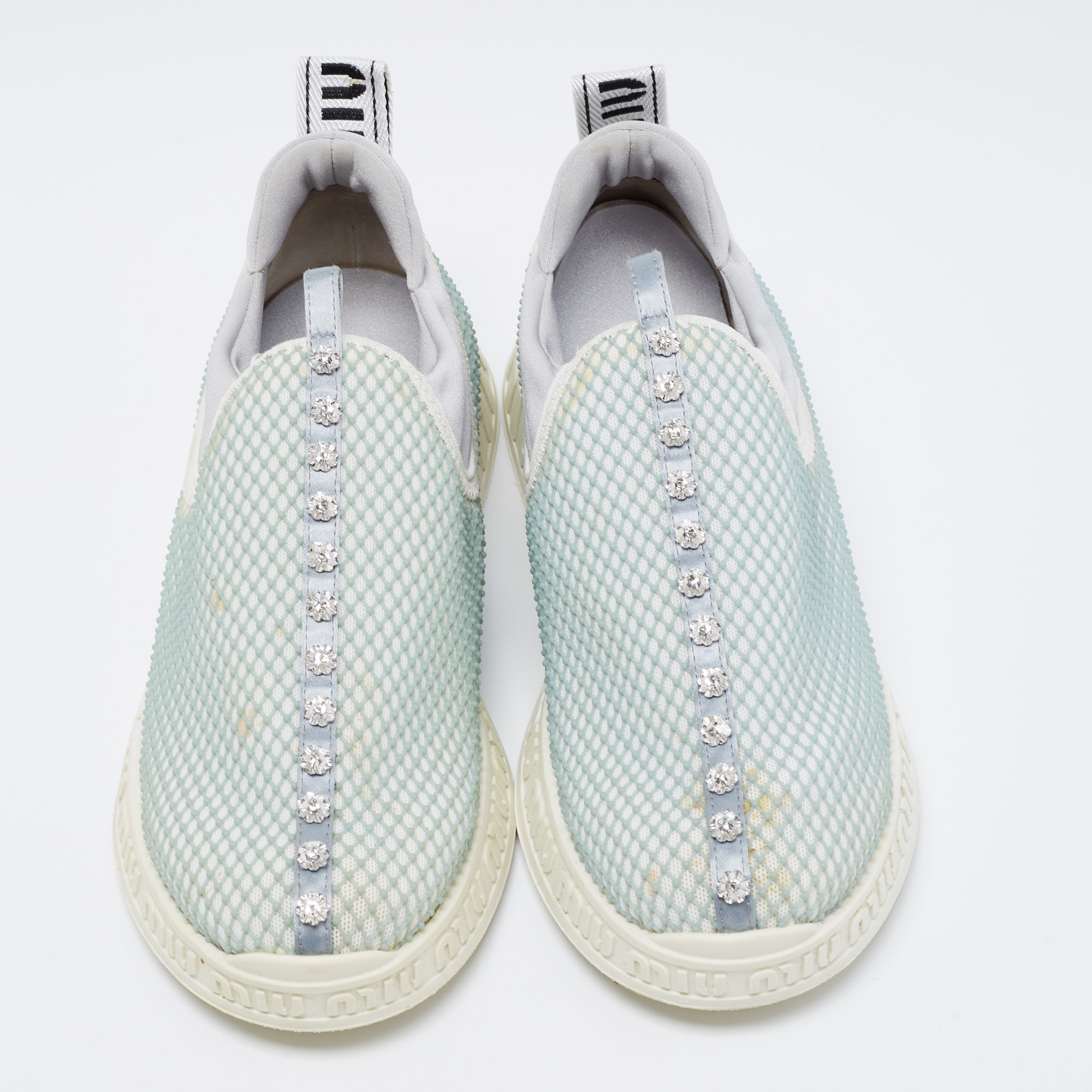 Miu Miu Sea Green/Grey Mesh And Neoprene Crystal Embellished Slip-On Sneakers Size 37