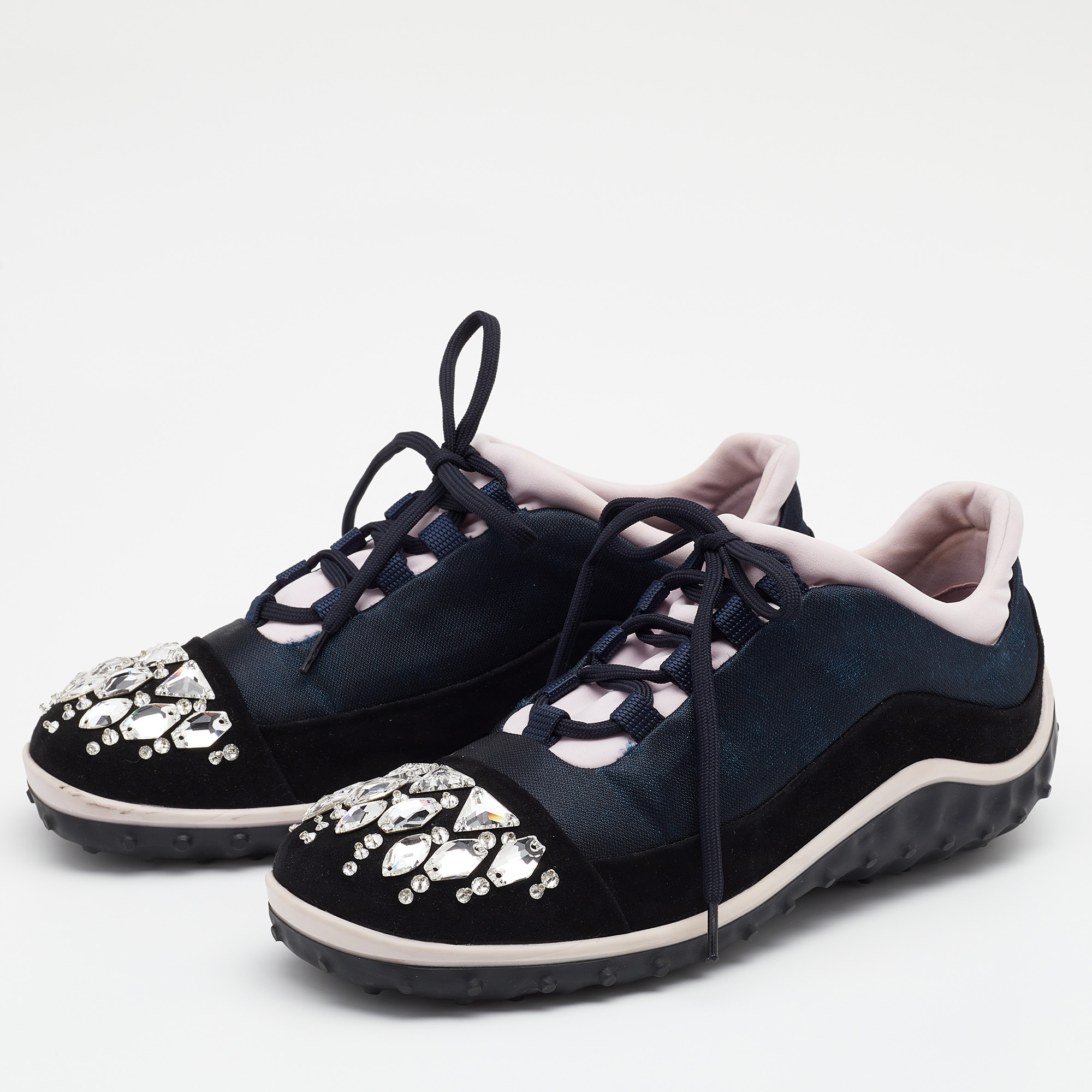 Miu Miu Tricolor Suede And Fabric Crystal Embellished Cap Toe Sneakers Size, Black
Miu Miu Tricolor Suede And Fabric Crystal Embellished Cap Toe Sneakers Size, Black