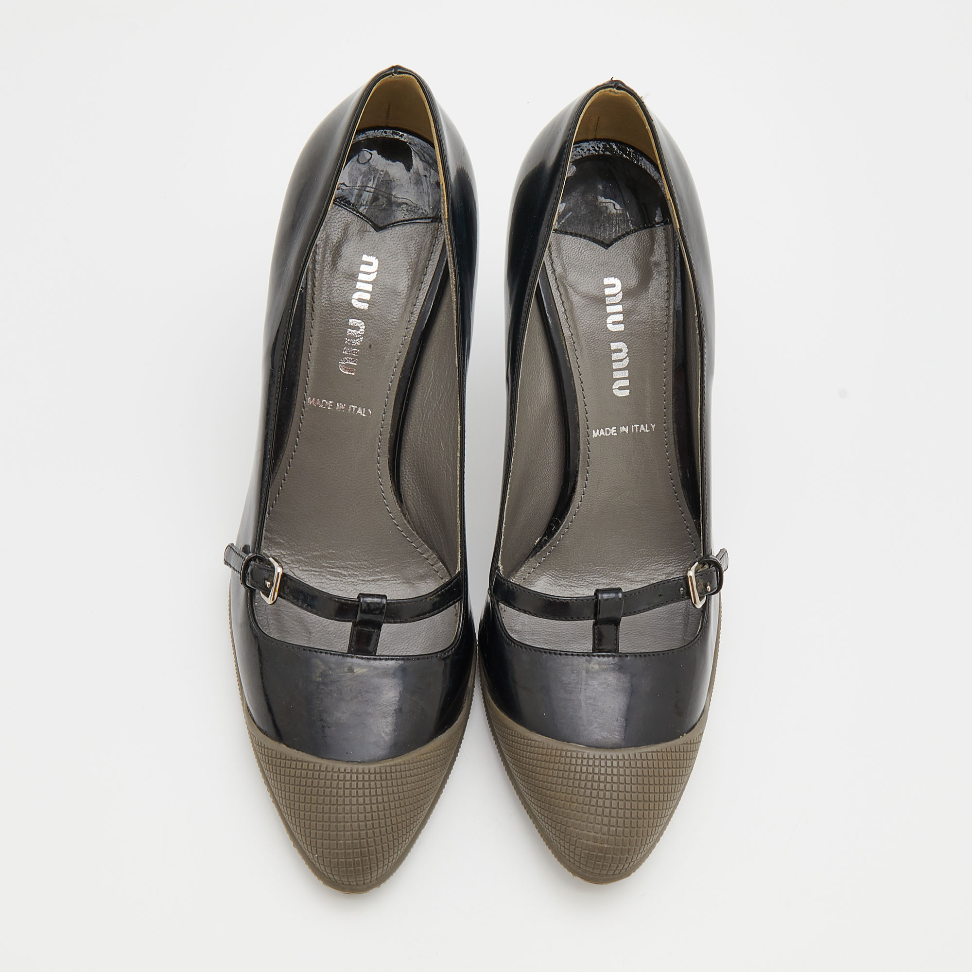 Miu Miu Black/Grey Patent Leather And Rubber Extended Cap Toe Mary Jane Pumps Size 35.5