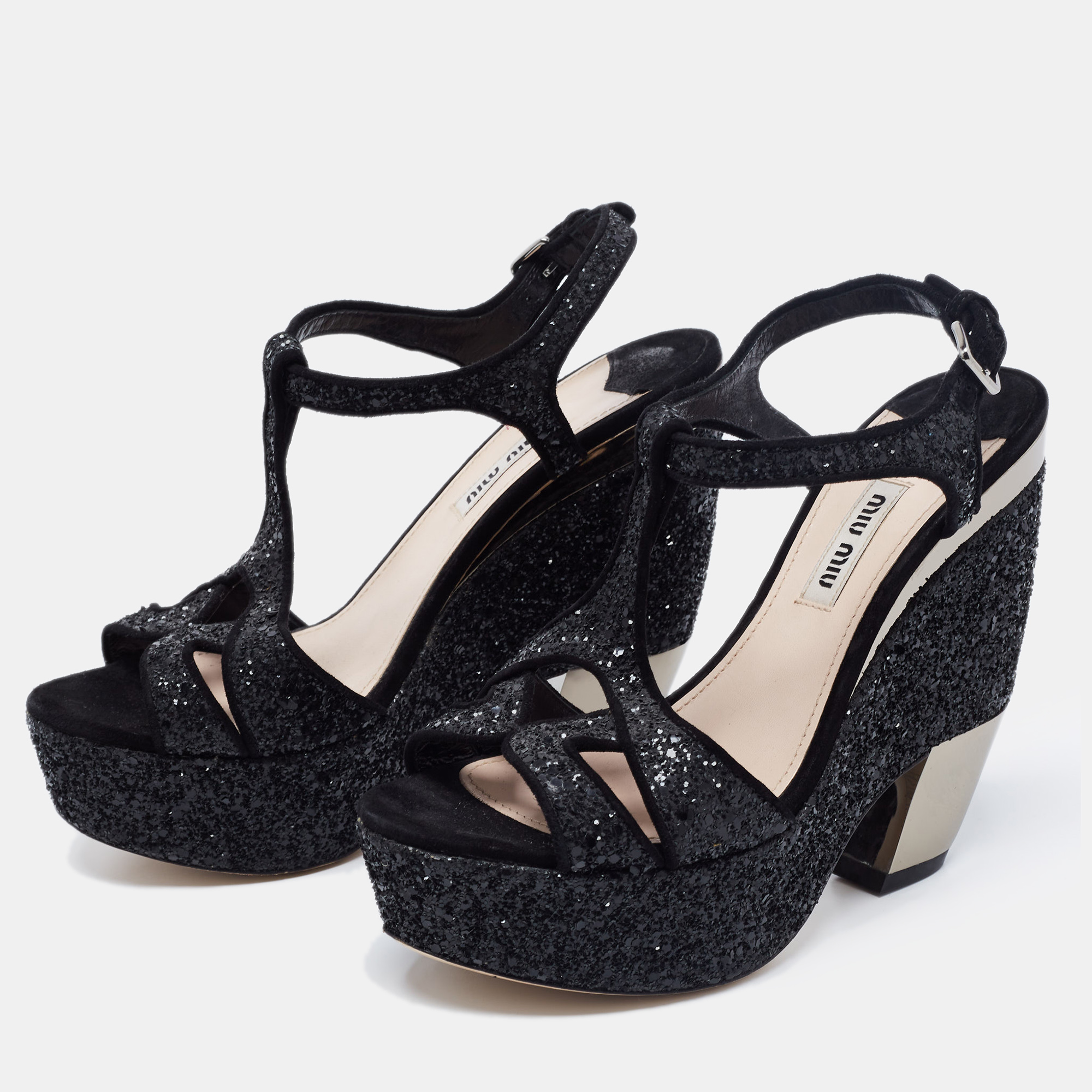 Miu Miu Black Coarse Glitter Curved Heel Platform Ankle Strap Sandals Size
Miu Miu Black Coarse Glitter Curved Heel Platform Ankle Strap Sandals Size