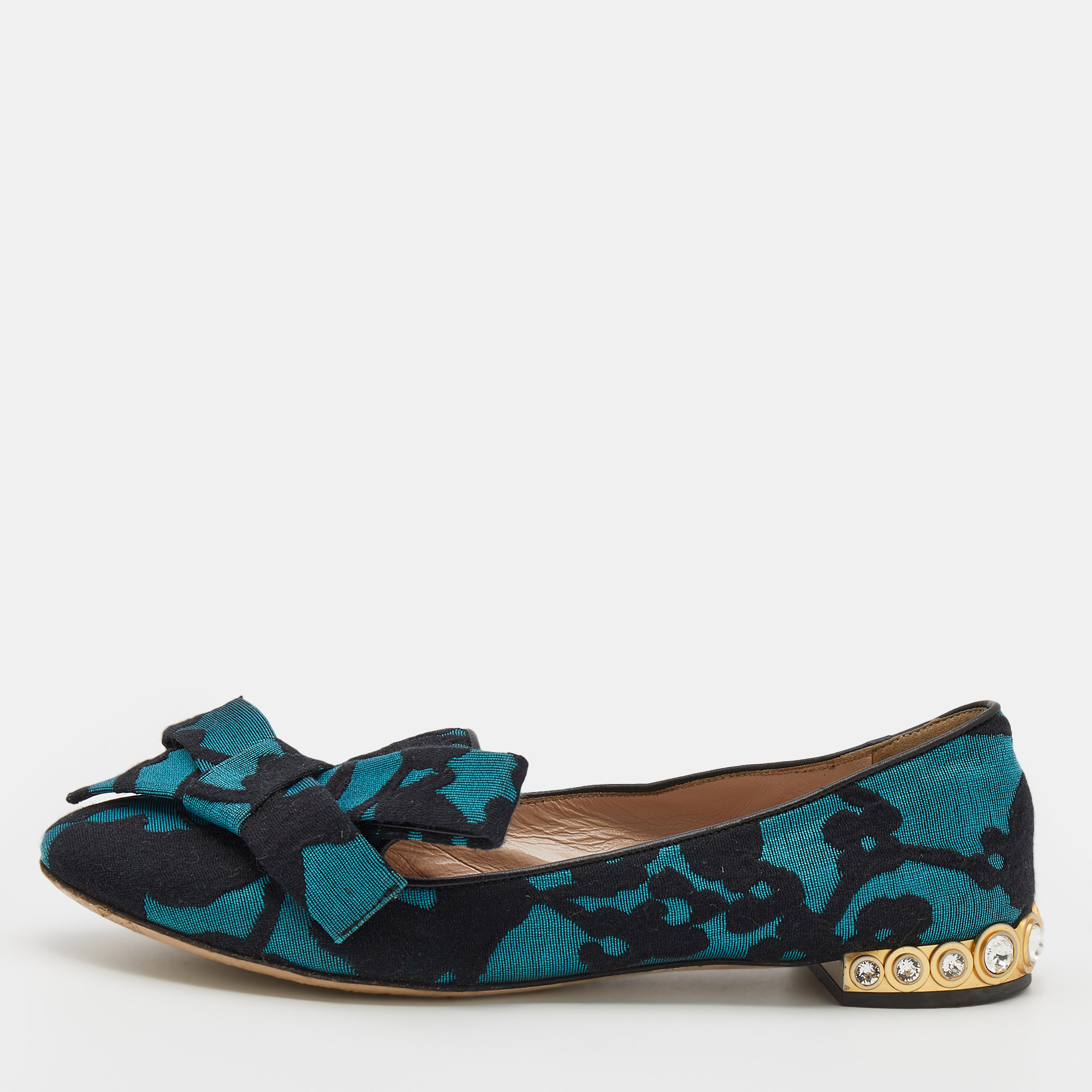 Miu miu blue/black jacquard bow embellished smoking slippers size 38.5