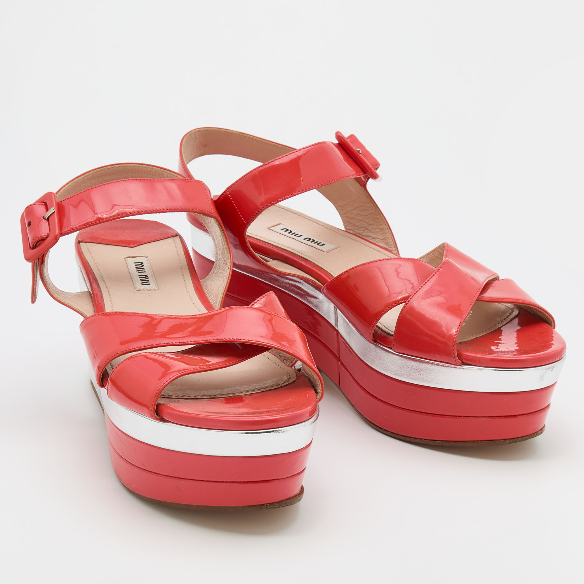 Miu Miu Coral Red Patent Leather Wedge Platform Ankle Strap Sandals Size 40