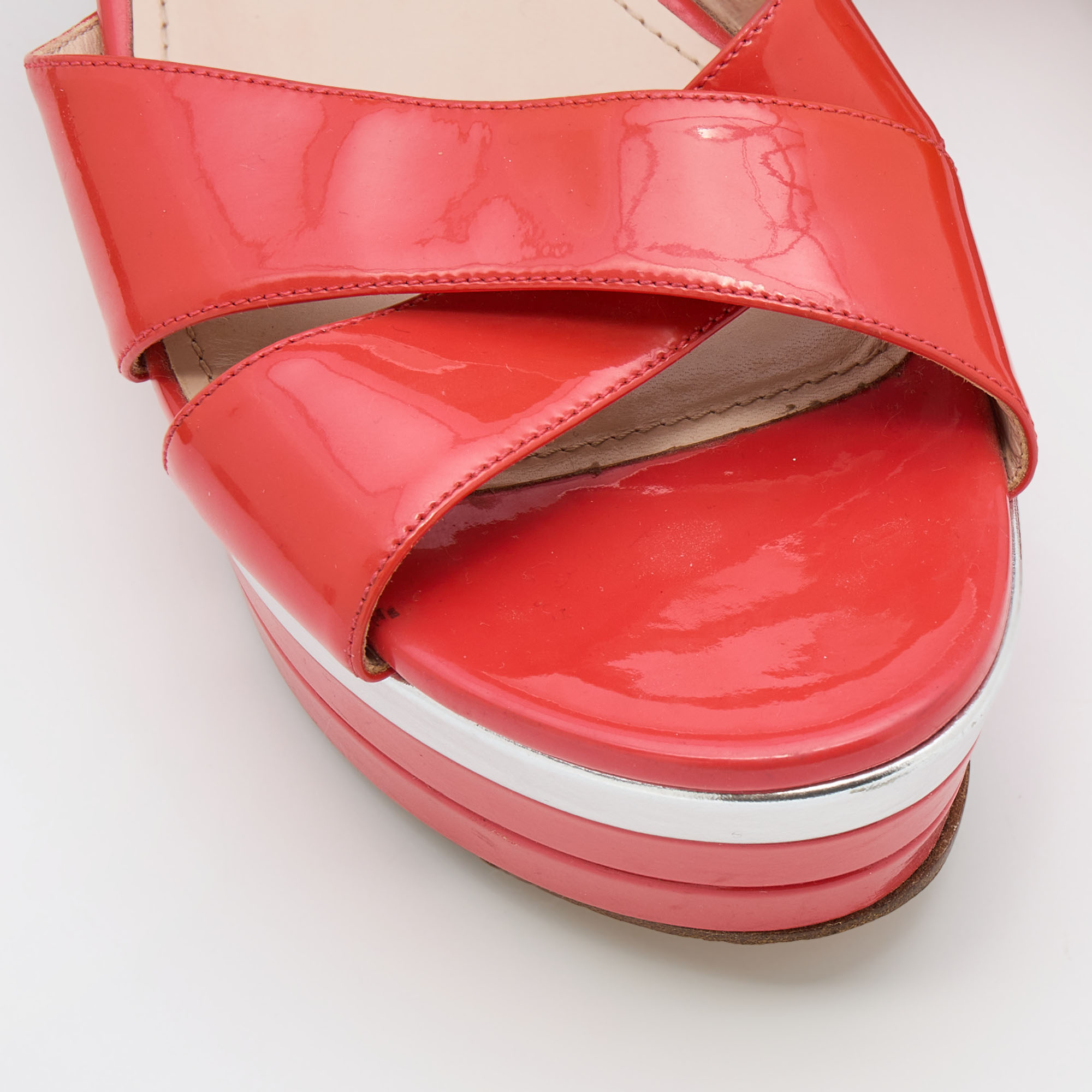 Miu Miu Coral Red Patent Leather Wedge Platform Ankle Strap Sandals Size 40