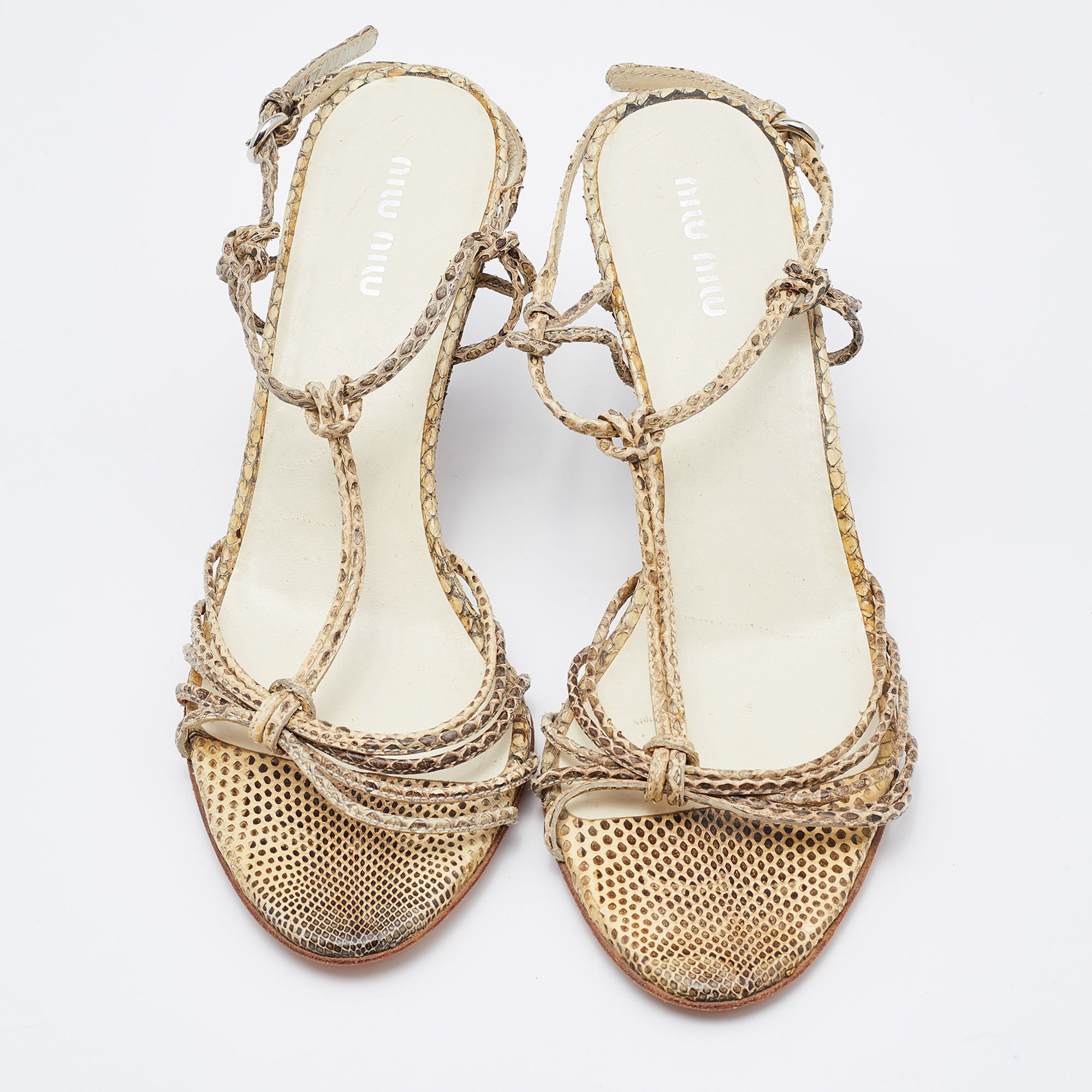 Miu Miu Cream/Brown Snakeskin Leather Strappy Wedge Sandals Size 37