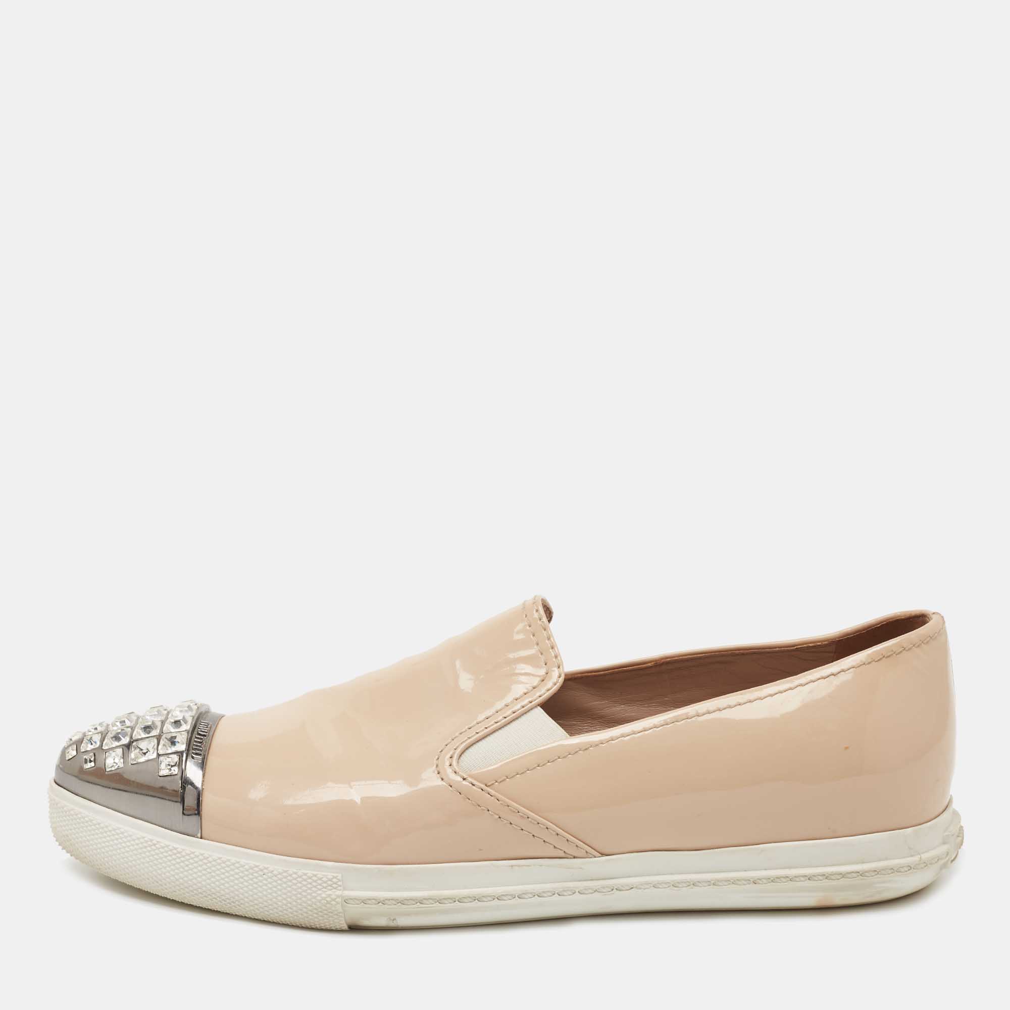 Miu Miu Beige Patent Leather Crystal Embellished Sneakers Size 38