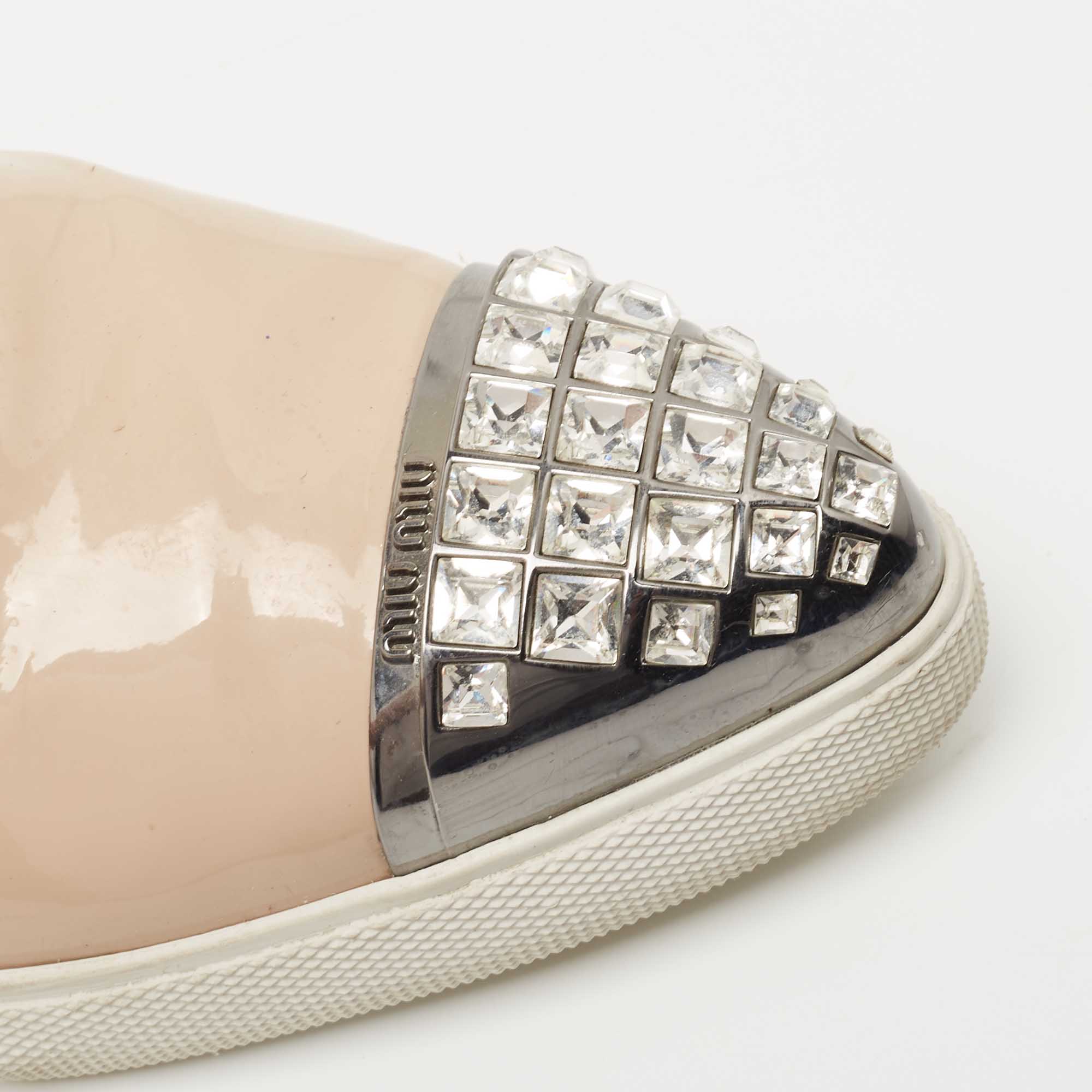 Miu Miu Beige Patent Leather Crystal Embellished Sneakers Size 38
